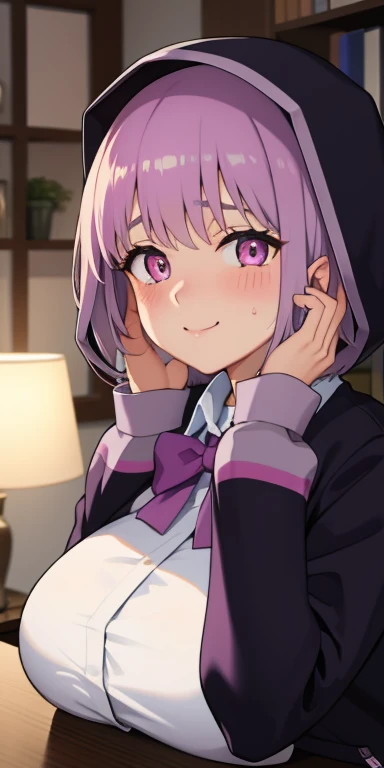 1girl,heart-shaped pupils,fingernails,hands on own face,white hair,purple eyes,(blush:1.1),choker,upper body,trembling,sweat,sweatdrop,heart,(speed lines:1.1),medium breasts, ((heavy breathing:1.3)), love, heart, crop top, happy, smile,akaneshinjou, shinjou akane, light purple hair, (pink eyes:1.2), short hair,
BREAK black pantyhose, bow, collared shirt, hood, hooded jacket, jacket, open clothes, open jacket, open shirt, pantyhose, purple bow, purple jacket, school uniform, shirt, sleeves past wrists, unbuttoned shirt, white shirt,,
BREAK indoors, city,
BREAK looking at viewer, BREAK (masterpiece:1.2), best quality, high resolution, unity 8k wallpaper, (illustration:0.8), (beautiful detailed eyes:1.6), extremely detailed face, perfect lighting, extremely detailed CG, (perfect hands, perfect anatomy),