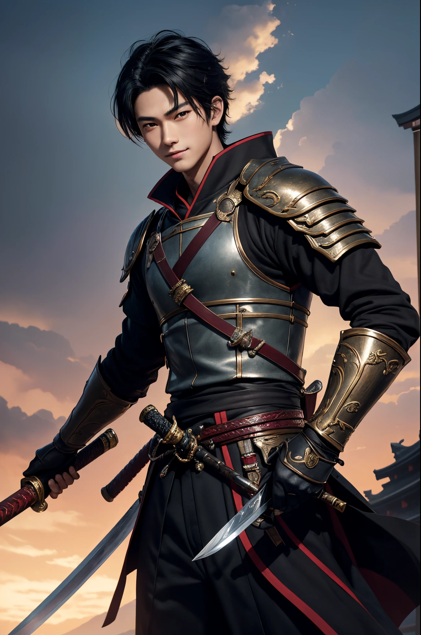 8K、独奏、 boy,Super handsome boy,handsome boy with dark eyes,Black hair short bob hair,Black and red exterior,Golden decoration(Armed with a long Japanese sword)、facing the front there、demon slayer boy,ruins,magnificent artwork、Wind effect:1.9、cloud effect:1.2、Full Rendering、Encaustic Painting、unrealengine、1 Japan sword,An expression that remains innocent,Cute Boy,超Ah resolution,super realistic skin,Super precise hand details,1holding a book Japanese sword,Fantasyart,a smile,