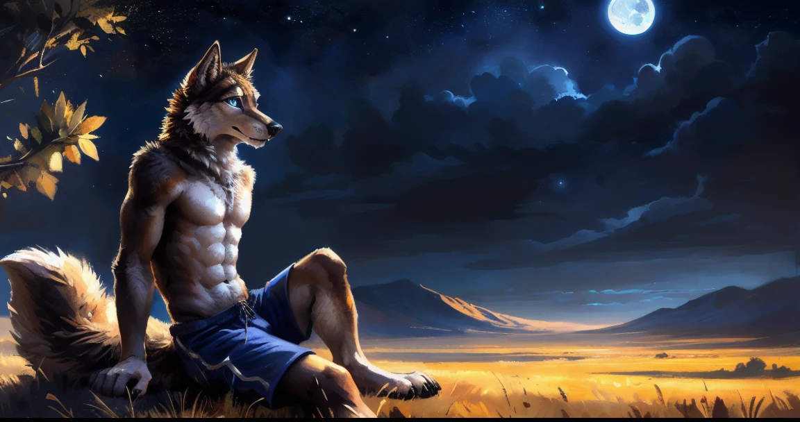 ((Solo)), male people, anthro wolf, (Multi-colored fur, White-brown:1.3, White tail pointed), (Height 2.1 meters,Tail length 1.5m), ((Wolf face, Big eyes, White eyelids, Blue pupil, Slim:1.2) (Tough, Calm expression:1.2)), Abs, Slim, pinging)), (Correct body anatomy), (Work shorts:1.1), The upper body is naked, (detailed outfits),A long big tail,(Realistic fur, Detailed fur texture, labeled:1.3)), (Natural lighting), Photorealistic, Hyperrealistic, ultradetailed, by Kenket,the night,Sit alone,Endless grasslands,Look at the full moon,It was dark,Starry