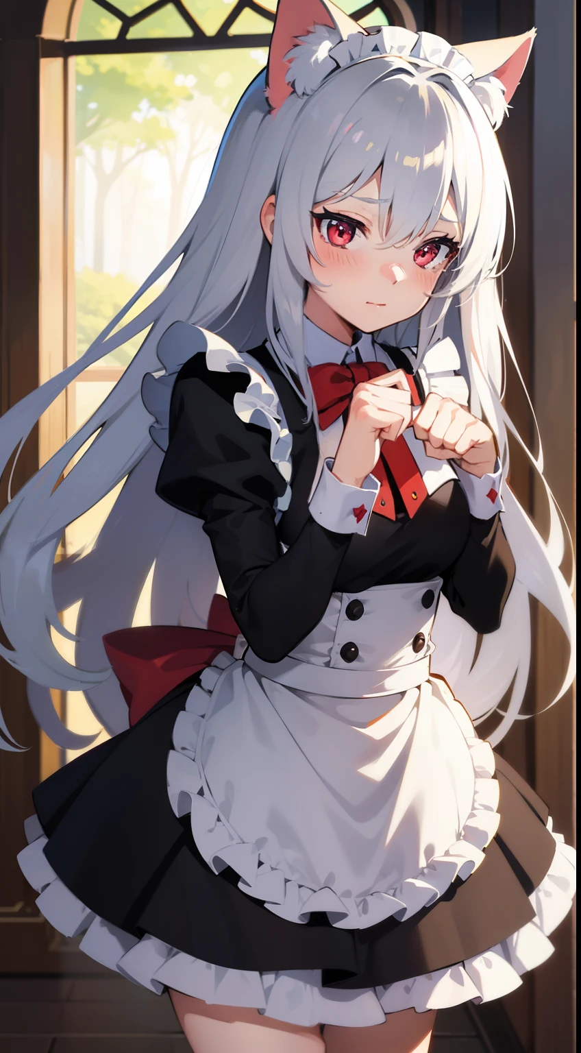1girll, White hair, Maid outfit black stockings, underdressing,red eyes
