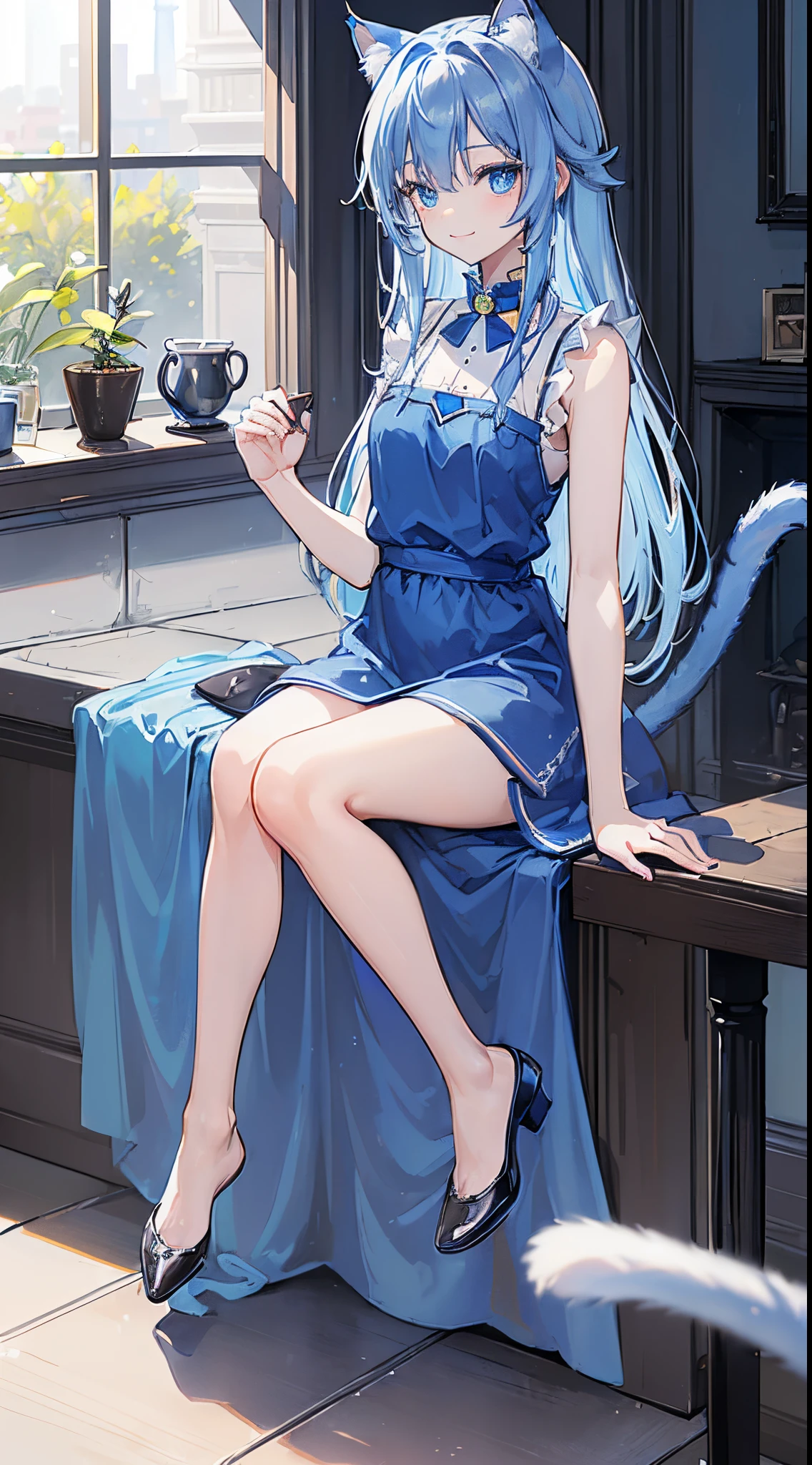 (((8K))), (((masutepiece))), (((Best Quality))), (((ultra-detailliert))), (((extremely delicate and beautiful))), (((high quality eyes))), (((Blue cat,Blue cat,Blue cat,Blue cat,Blue cat,))), (Eye focus), ((Smile)), (((Perfect Anatomy))), (((8K Coffee Shop))), (((8K Coffee Shop Background))), ((())), (((Glowing eyes))), (((Blue eyes))), (((Blue Long Hair))), (((Cat's ears))), (((Cat tail))), (((Blue Dress))), (((Sleeveless))),