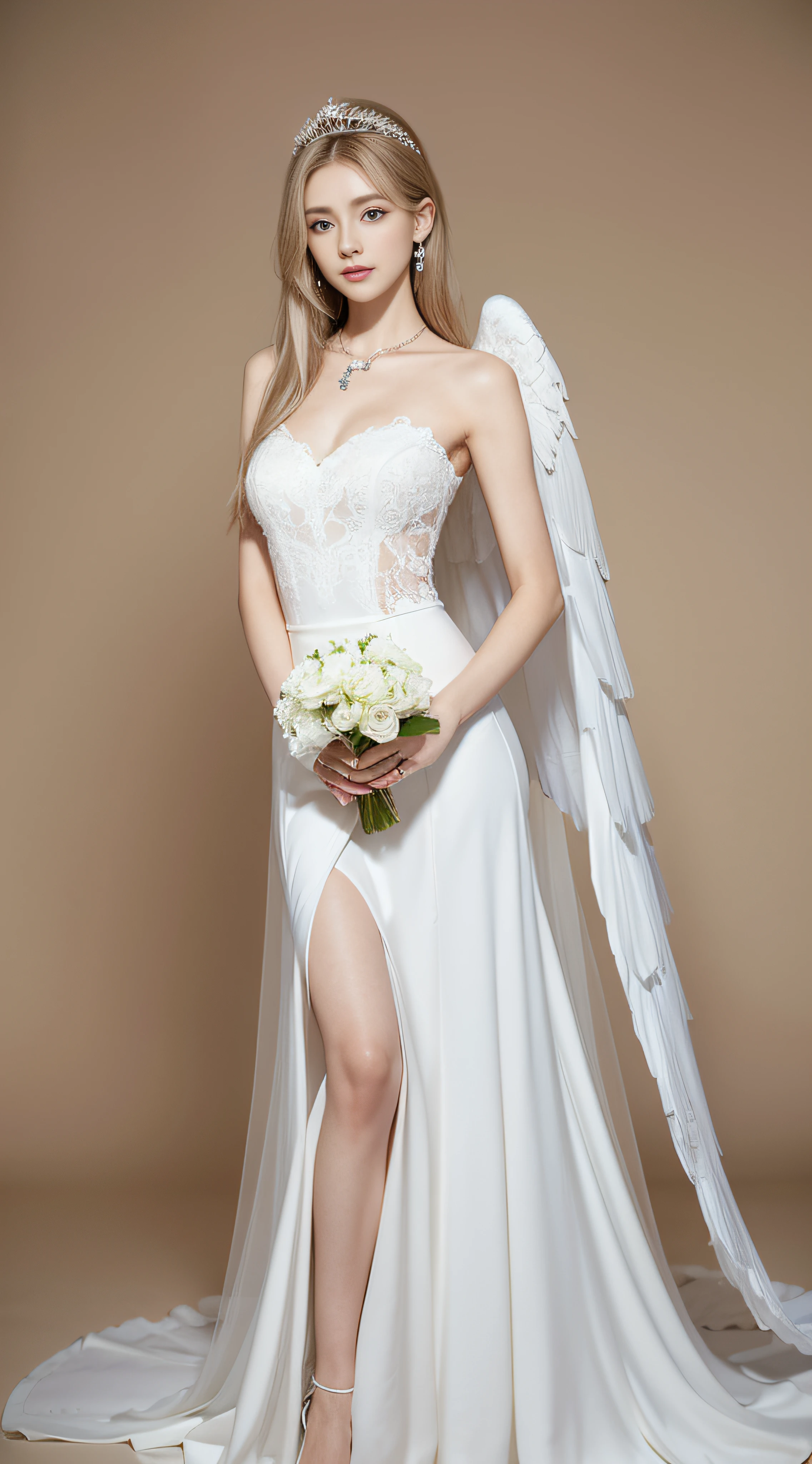 bride wearing white、bride dressed、Whole body、8K、realphoto、超A high resolution, Master Parts, Best Quality, nffsw , cinematic images,Lovely girl、ann、1６years old、Anglo-Saxon、Green eyes、二重まぶた、very droopy eyes、（very, Very big eyes：1.８）、Dark eye shadow、The lips are very thin、The tip of the nose stretches beautifully...、the tip of the nose is small,,,,, ighly detailed , Gold Hair、Straight hair、Very smile、 Sweet look 、a very beautiful woman、legs are long、 Very clear shadows , jewely , A detailed eye, very intricate, shiny skins , Perfect Brilliant, Perfect Lighting, Dramatic shadows ,White tiara on head、Greek see-through white dress、The back of the dress is wide open、Small angel wings on the back of the shoulders、The chest and waist of the dress are white lace、Underneath the dress is a white miniskirt、Lace white gloves、holding a bouquet of white flowers with both hands、White see-through veil from the back of the head、Silver necklace around the neck、
information