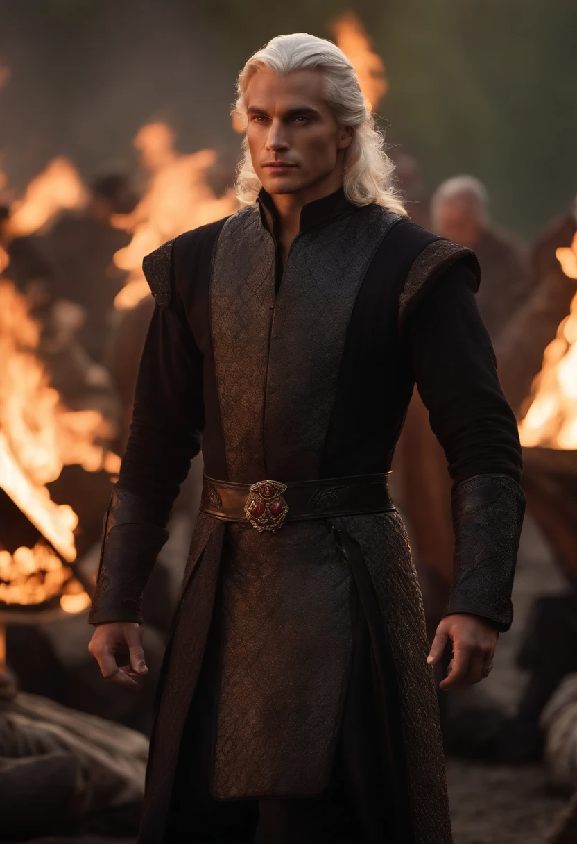 Aemond Targaryen standing next to a massive bonfire, the flames reflecting in his eyes,Dance of the Dragons,[Prince Aemond Targaryen; Appearance=medieval regal attire, expensive fabrics, impeccable taste, wears dark colours, casual attire only in private, wears a leather eyepatch over left eye. Facial features=strong and prominent jawline, straight nose, full lips with defined cupids bow, one violet eye (right), scar from left eyebrow to left cheekbone, missing left eye replaced by blue sapphire. Body=Tall, lithe, defined muscles, broad shoulders and chest, long torso, small waist, long legs, tight round arse, long thick uncircumcised cock. Hair=Long, straight, platinum, silver. Hands=Large, veiny, long elegant fingers.]