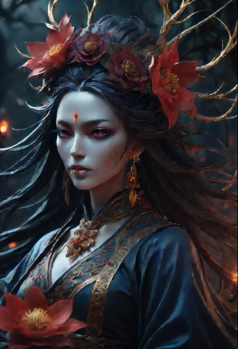(Lycorisradiata close-up:1.5),Charming flower of the other side,Mysterious Manzhu Shahua,A bloody ghost flower blooming at the gate of hell,Leading the soul to the afterlife,Evil charm,Flirtatious,uncanny,Magic Sword,Alloy iron flower,Alloy vines surround the magic sword,There are iron flowers on the sword,heavy metal style,metal art,flower made of iron,iron leaf,Full metallic luster,Metal texture in the post-industrial era,Crafts made from twisted alloy wire,gold flowers,Iron flower,Silver flower,metal tree branch,a crystal pendant,Emerald inlay,well-built,Perfect craftsmanship,Magic lightning background,blue lightning,There are fairies,dark fantasy style art, dark flower shaman, dark fantasy concept art, bloodborne concept art, dark concept art, Feiyu looking for flowers, Diablo digital concept art, dark fantasy art style, Dark flowers, 🌺 CG Society, bloodborne art, photorealistic dark concept art, Concept film, Ruben Tan,A painting of a red-robed woman standing in front of a demon, goddess of death, author:Hero, beautiful male god of death, beautiful elegant demon queen, dark fantasy style art, portrait of death, onmyoji detailed art, Persephone as the goddess of death, beautiful necromancer, Ominous fantasy illustration