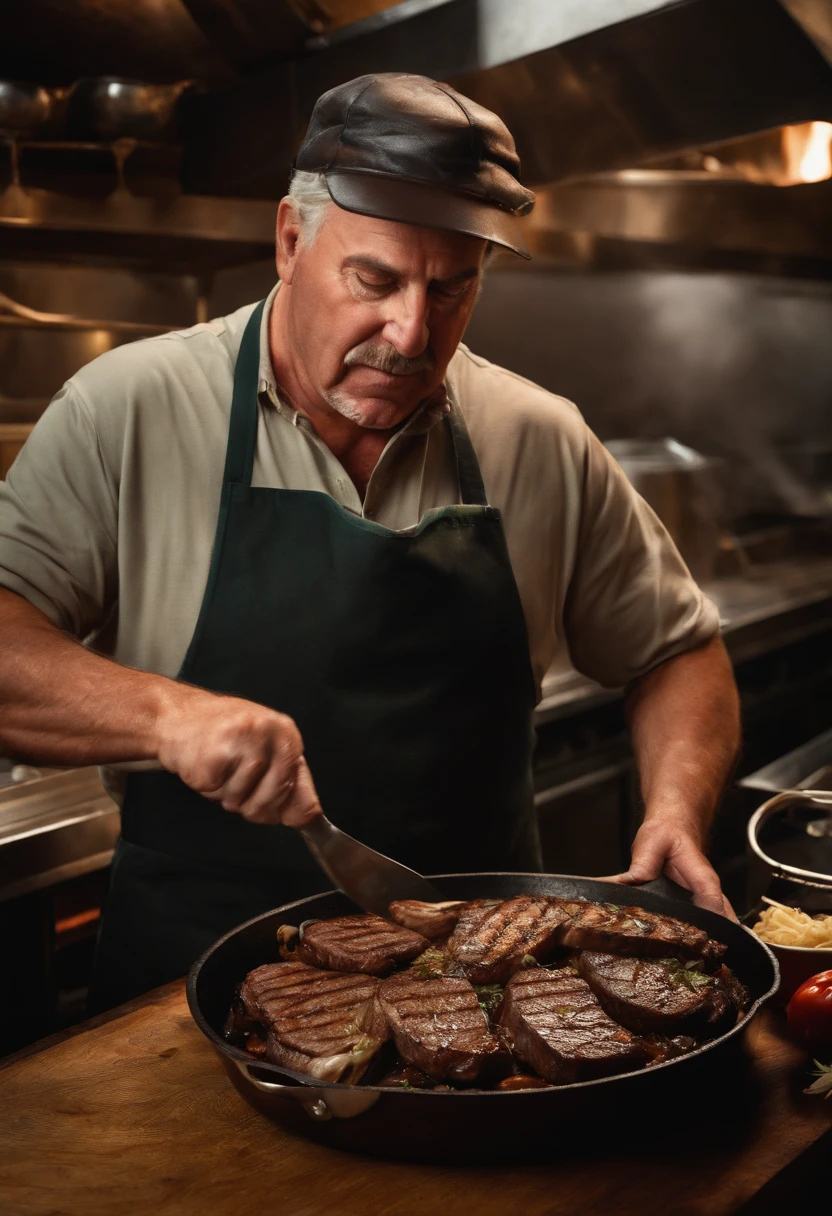 A photo of a sizzling skillet with heaps of steak and onions,original,Angry deli dude is a middle aged Italian man that works at a deli making sandwiches