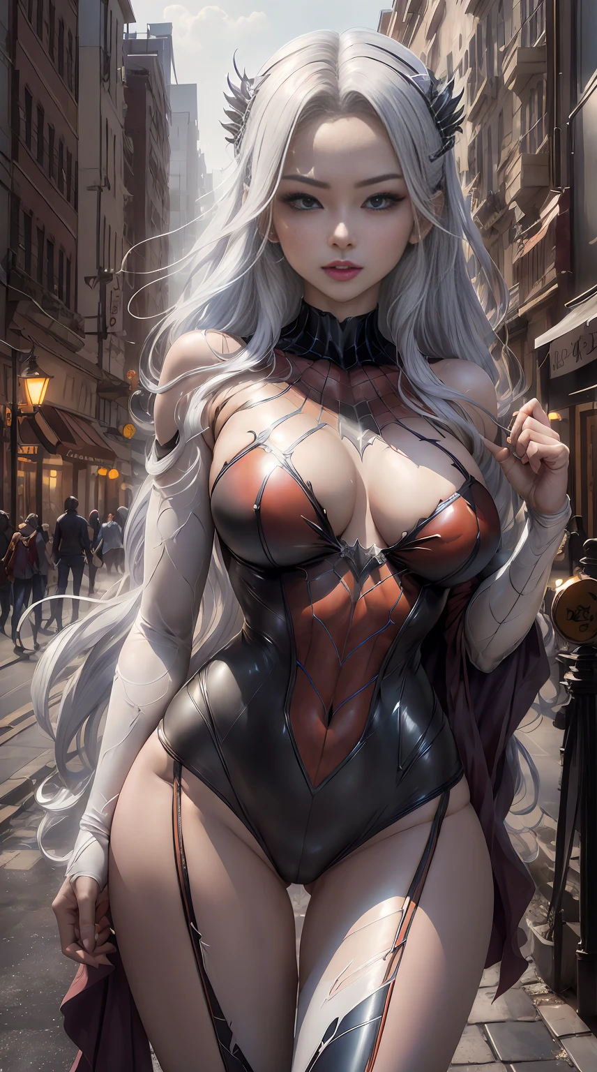 （tmasterpiece，4K分辨率，ultra real photo，The content is very detailed），（white super hero theme，Attractive cleavage，There was a girl in town，wearing Spider-Man costume，She's a superhero），[（（25 age old），（Long gray hair：1.2），Full body lesbian，（eBlue eyes：1.2），（（Spider-Man pose），show strength，jump from one building to another），（（sandy urban environment）：0.8）|（looking over city，natta，dynamic lights），（moon full））] # lamplight：The prompt mainly describes an Ultra HD 4K painting，Very realistic，The content is very detailed。it shows superheroes at the top of the city，wearing Spider-Man costume。The theme in the painting is white superhero theme，The heroine has long white hair，He is 25 years old，The whole character is as shown in the picture。In terms of depicting superheroine action，Spiders were used,a hologram