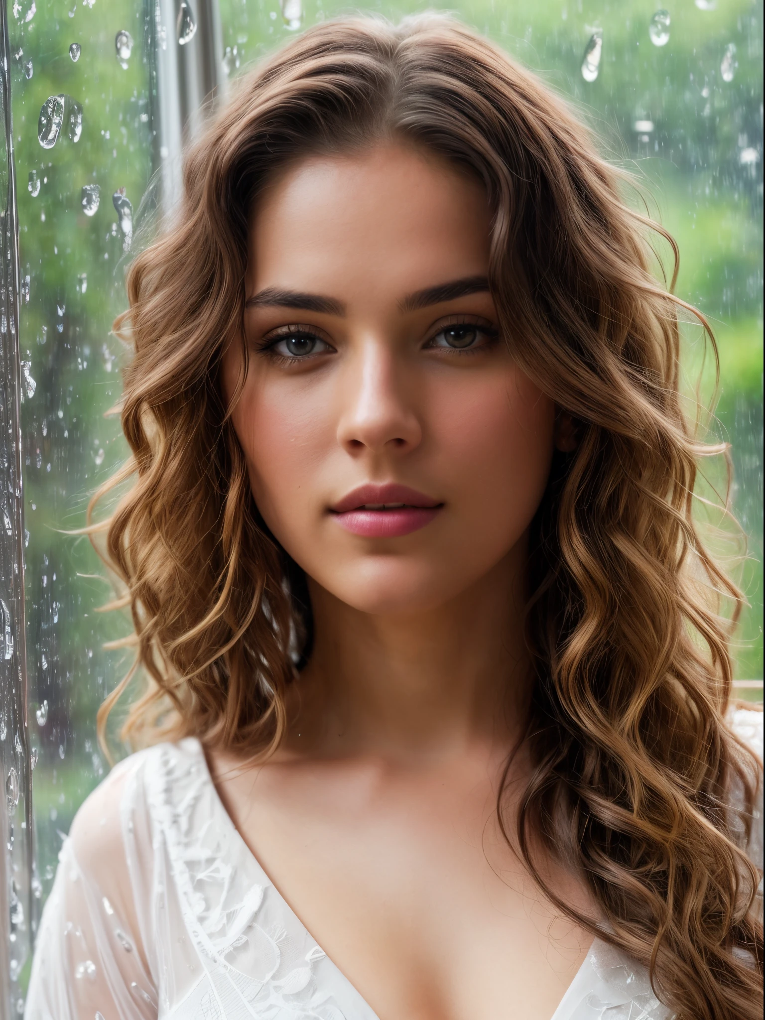 professional photograph, close up a beautiful woman looks out the window on which raindrops flow, posing like a model, languid look, perfect symmetric eyes, gorgeous face, with soft lush curly white long hair, hyper-realistic, digital graphics, sharp focus, perfect composition, a model of ultra-high quality and clarity, perfect play of light and shadow, 32k HDR, hyper-detailing, complex artistic masterpiece