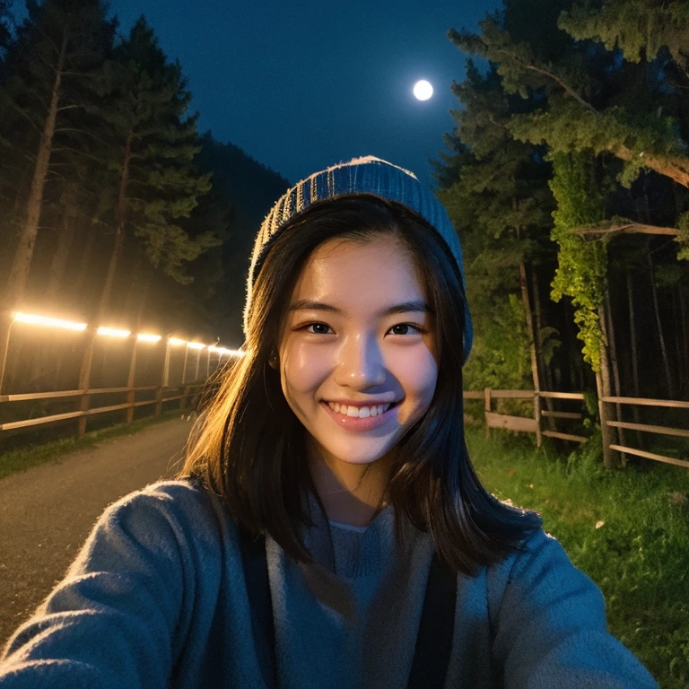 Photorealistic, Hyper Detailed, The woman with the same face as last time, selfie photo,  full bodyesbian, Solo, wearing pullover, Outdoors, (Night), mountainscape, The nature of real life, Stars, Moon, (Outstanding smile、A dark-haired、、Cheerful), Beanie, flash lights, forest, boulders, River, Wood, Smoke, Fog, crystal clear skies, analog style, Looking at Viewer, Skin Texture, Film grain,  超A high resolution, Best Shadow, raw, instagram