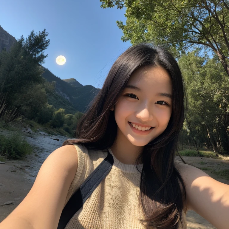 Photorealistic, Hyper Detailed, The woman with the same face as last time, selfie photo,  full bodyesbian, Solo, wearing pullover, Outdoors, (Night), mountainscape, The nature of real life, Stars, Moon, (Outstanding smile、A dark-haired、sixteen years old、Cheerful), Beanie, flash lights, forest, boulders, River, Wood, Smoke, Fog, crystal clear skies, analog style, Looking at Viewer, Skin Texture, Film grain,  超A high resolution, Best Shadow, raw, instagram