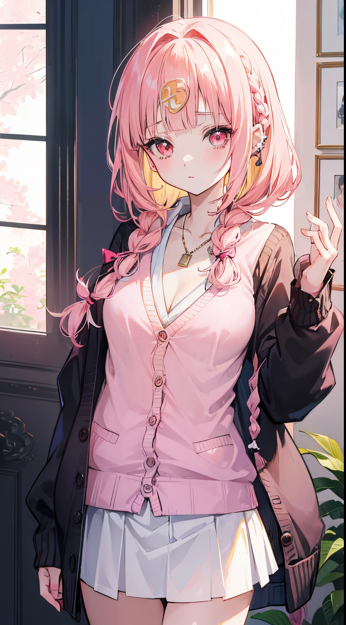 (((Anime))), ((Animated)), (Gal), Medium Hair, (Braid hair:1.3), (Blunt bangs:1.2),Two-tone hair, Blonde hair, (Pink hair), Round face, Red Eyes, (drooping eyes), (((tareme))),Pink lip,Piercing,Necklace,[Black skin], lightsmile, ((((Cute)))), Beautiful, 1 girl, Solo, (Cardigan:1.4), [cleavage cutout],piece sign,Beautiful background,(crass room:1.5),evening,Sunlight,Backlighting,masutepiece,Best Quality,Exquisite,8K,absurderes,superfine illustration,(Looking at Viewer),