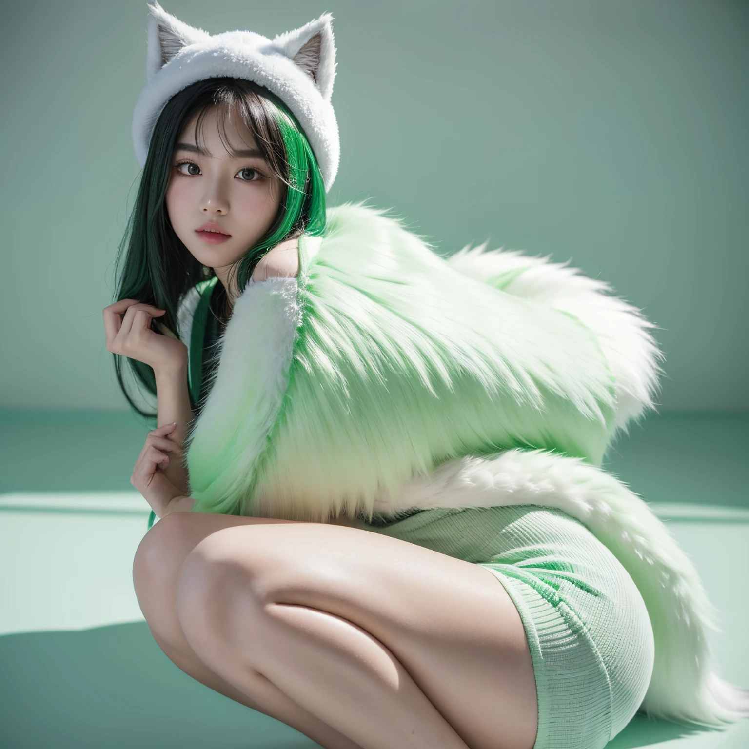 schoolboy，furry wolf，Sexy dressing，green white gradient，