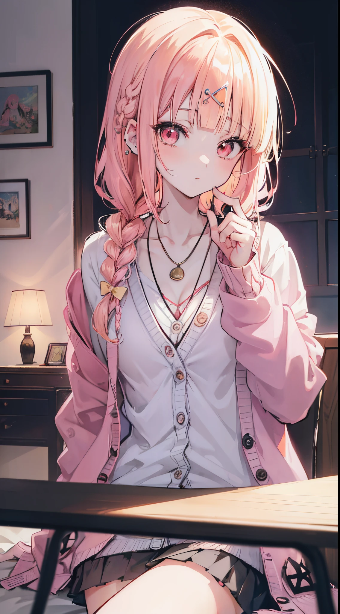 (((Anime))), ((Animated)), (Gal), Medium Hair, (Braid hair:1.3), (Blunt bangs:1.2),Two-tone hair, Blonde hair, (Pink hair), Round face, Red Eyes, (drooping eyes), (((tareme))),Pink lip,Piercing,Necklace,[Black skin], lightsmile, ((((Cute)))), Beautiful, 1 girl, Solo, (Cardigan:1.4), [cleavage cutout],piece sign,Beautiful background,(crass room:1.5),evening,Sunlight,Backlighting,masutepiece,Best Quality,Exquisite,8K,absurderes,superfine illustration,(Looking at Viewer),