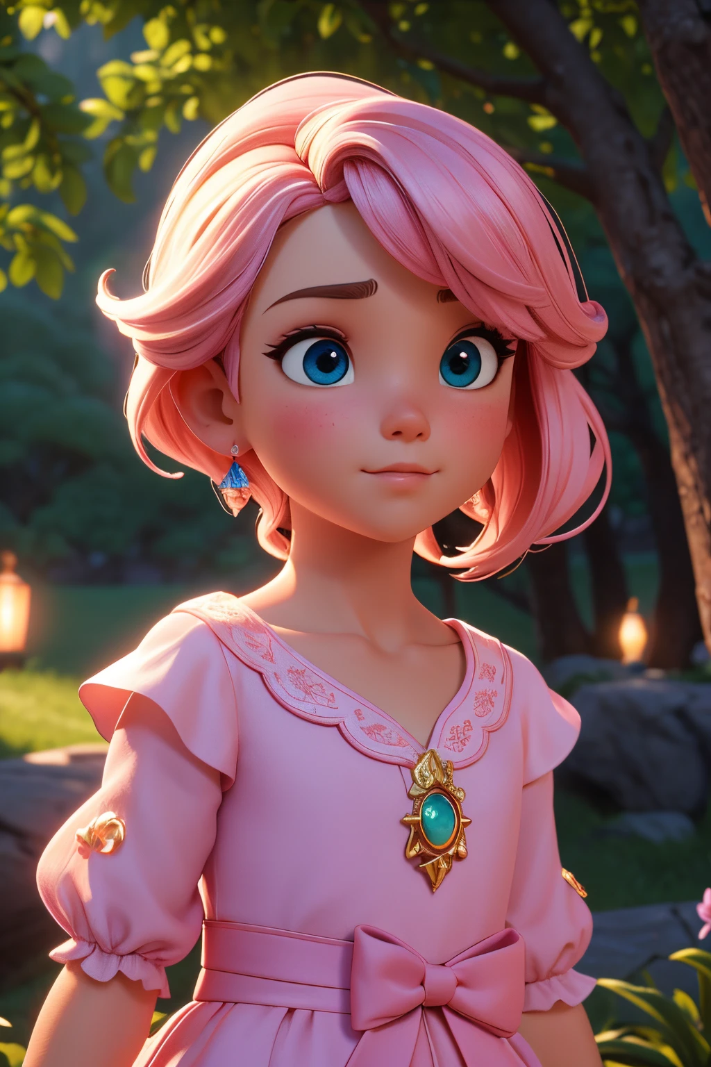 （master part),((Alta qualidade d)),(melhor bonito:1.2),(obra de arte de um),((Face estereoscópica 3D)),8k,(Disney),Uma  com um rosto bonito,Cabelo liso amarelo,blush fraco,Usando um vestido rosa ,The background is blurry and mysterious,iluminado pela luz,Enchanted expression,