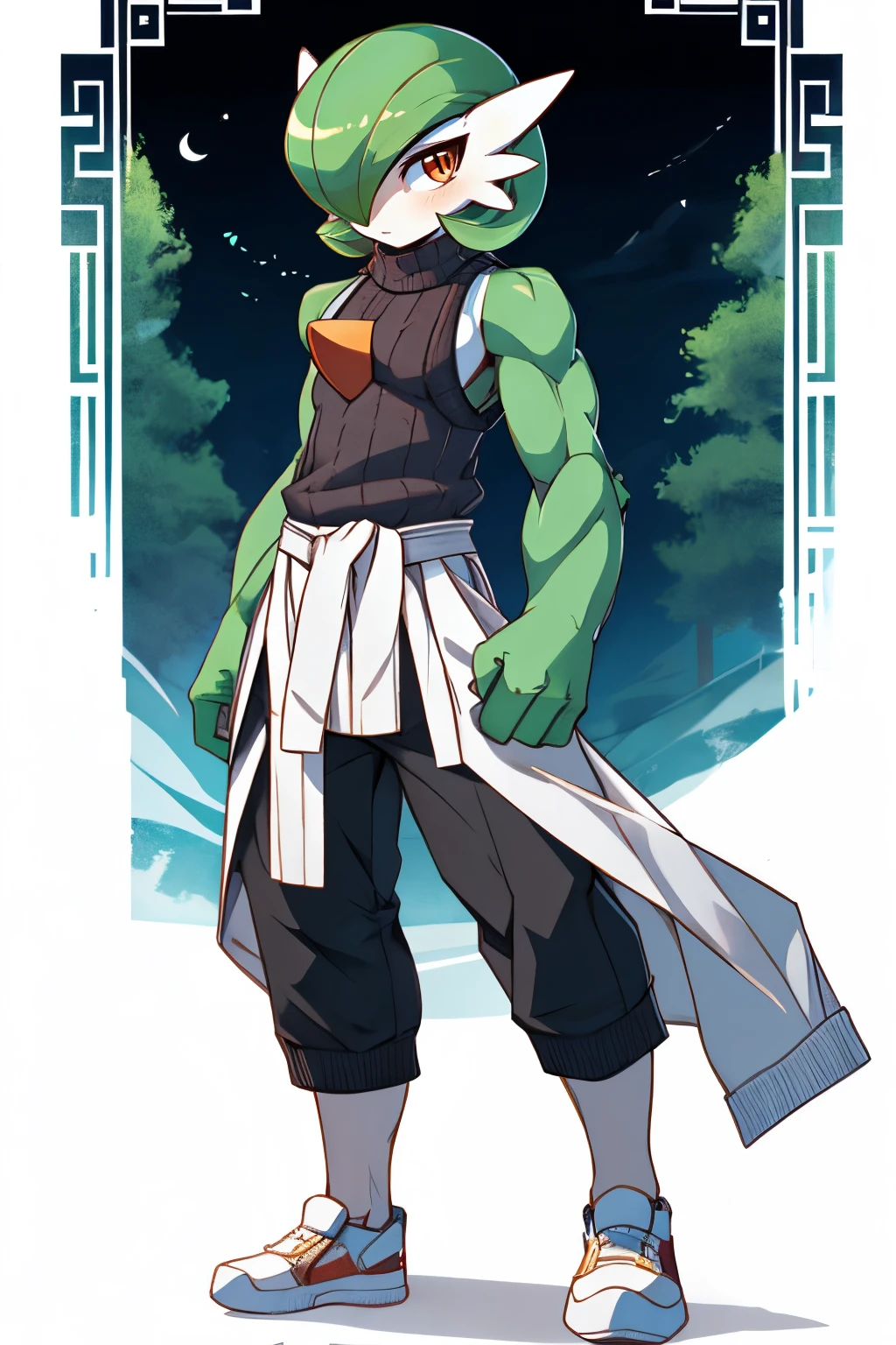 masterpiece, best quality, full body, Solo, male focus, (androgynous), furry, (Gardevoir)), ((pokemon)), (sweater tank top), (gi), (shaolin),