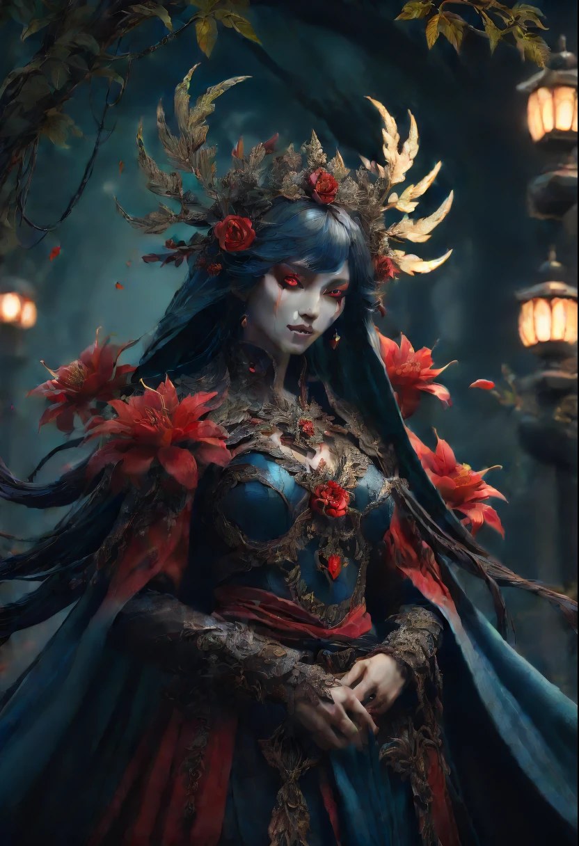 (Lycorisradiata close-up:1.5),Charming flower of the other side,Mysterious Manzhu Shahua,A bloody ghost flower blooming at the gate of hell,Leading the soul to the afterlife,Evil charm,Flirtatious,uncanny,Magic Sword,Alloy iron flower,Alloy vines surround the magic sword,There are iron flowers on the sword,heavy metal style,metal art,flower made of iron,iron leaf,Full metallic luster,Metal texture in the post-industrial era,Crafts made from twisted alloy wire,gold flowers,Iron flower,Silver flower,metal tree branch,a crystal pendant,Emerald inlay,well-built,Perfect craftsmanship,Magic lightning background,blue lightning,There are fairies,dark fantasy style art, dark flower shaman, dark fantasy concept art, bloodborne concept art, dark concept art, Feiyu looking for flowers, Diablo digital concept art, dark fantasy art style, Dark flowers, 🌺 CG Society, bloodborne art, photorealistic dark concept art, Concept film, Ruben Tan,A painting of a red-robed woman standing in front of a demon, goddess of death, author:Hero, beautiful male god of death, beautiful elegant demon queen, dark fantasy style art, portrait of death, onmyoji detailed art, Persephone as the goddess of death, beautiful necromancer, Ominous fantasy illustration