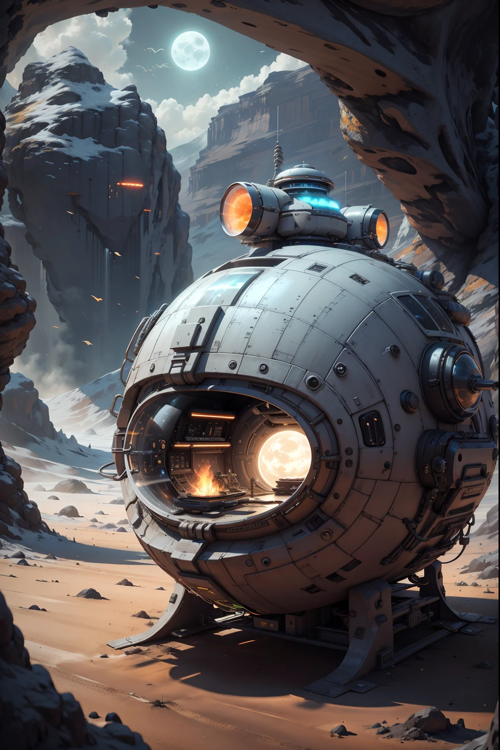 concept-art, Best quality，tmasterpiece，超高分辨率，Shoot real：1.4，  ultra - detailed，[A futuristic(Moonpunk AI:Campervan),Colorful LED lights,Smooth curves,(streamlined line design)]。comfortably, bivouac, vibrant with colors, Reflectors,Surrounded by nature,lush scenery。