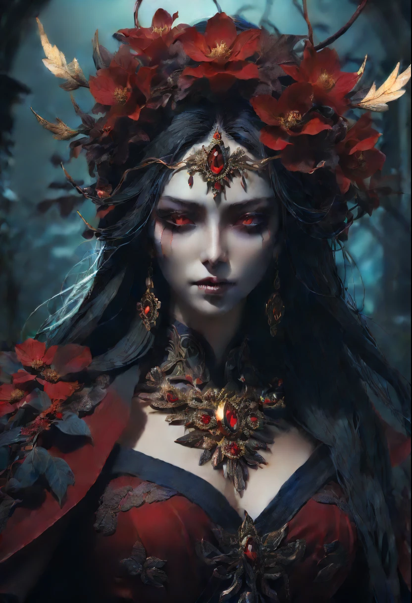 (Lycorisradiata close-up:1.5),Charming flower of the other side,Mysterious Manzhu Shahua,A bloody ghost flower blooming at the gate of hell,Leading the soul to the afterlife,Evil charm,Flirtatious,uncanny,Magic Sword,Alloy iron flower,Alloy vines surround the magic sword,There are iron flowers on the sword,heavy metal style,metal art,flower made of iron,iron leaf,Full metallic luster,Metal texture in the post-industrial era,Crafts made from twisted alloy wire,gold flowers,Iron flower,Silver flower,metal tree branch,a crystal pendant,Emerald inlay,well-built,Perfect craftsmanship,Magic lightning background,blue lightning,There are fairies,dark fantasy style art, dark flower shaman, dark fantasy concept art, bloodborne concept art, dark concept art, Feiyu looking for flowers, Diablo digital concept art, dark fantasy art style, Dark flowers, 🌺 CG Society, bloodborne art, photorealistic dark concept art, Concept film, Ruben Tan,A painting of a red-robed woman standing in front of a demon, goddess of death, author:Hero, beautiful male god of death, beautiful elegant demon queen, dark fantasy style art, portrait of death, onmyoji detailed art, Persephone as the goddess of death, beautiful necromancer, Ominous fantasy illustration