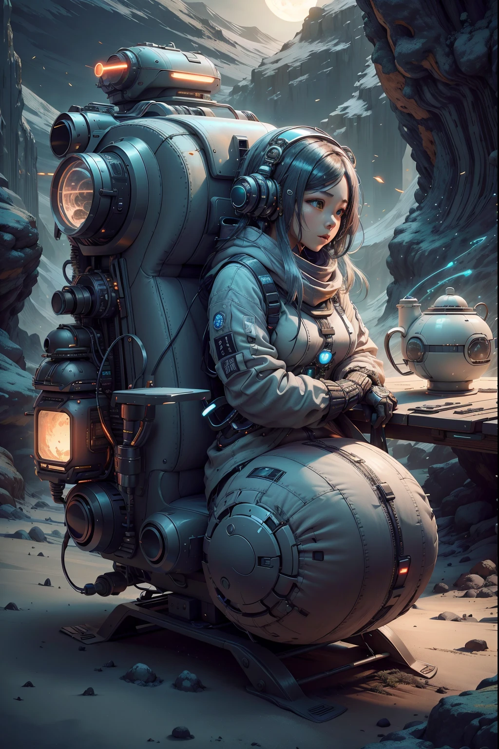 concept-art, Best quality，tmasterpiece，超高分辨率，Shoot real：1.4，  ultra - detailed，[A futuristic(Moonpunk AI:Campervan),Colorful LED lights,Smooth curves,(streamlined line design)]。comfortably, bivouac, vibrant with colors, Reflectors,Surrounded by nature,lush scenery。