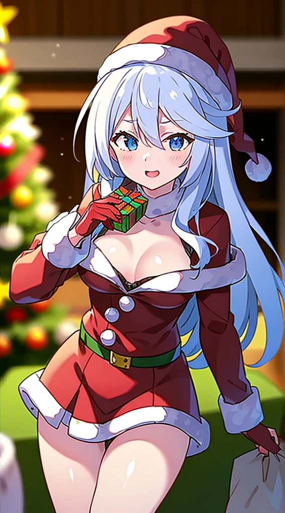 masterpiece, best quality, 1 solo girl, white hair, blue eyes, long hair, wavy hair, Christmas ornaments, medium breasts, mature body and face, red christmas dress, christmas, christmas light, christmas tree, red gloves, red santa skirt, holding gift, red bra, red panty, leg up, cowboy shots, sexy pose, dakimakura, detailed body, face, and eyes, sharp focus, vibrant, creative, dynamic, high definition, high resolution, 8k, (Upscale: R-ESRGAN 4x+ Anime6B), (Image enchance:4x), voluptuous body