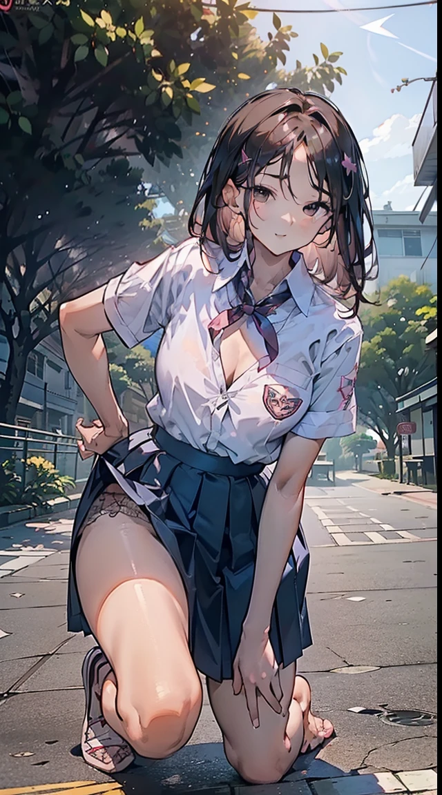 ((portfolio:1.2)),Perfect hand drawing、((Place one knee on the ground:1.2)), (Angle from below:1.2)、Beautiful body lines、1 beauty, (thick neck:1.4)、(broad shoulders:1.4)、(Smaller face)、(pointed breast:1.6)、Model body type、(Smaller chest:1.2)、17 age、Sharp eyes、Watery Big Eyes、Impatience and shy laughter:1.2、((student clothes:1.4))、Shirt and knee-length skirt、(facefocus:1.4)、evening、Extremely detailed, Detailed background, Cinematic lighting, (Pull up your skirt to show your underwear:1.2), (Lace bra visible through unbuttoned shirt:1.2)、(On campus:1.2)、(Unmanned classroom in the evening:1.2)、Footboard beauty