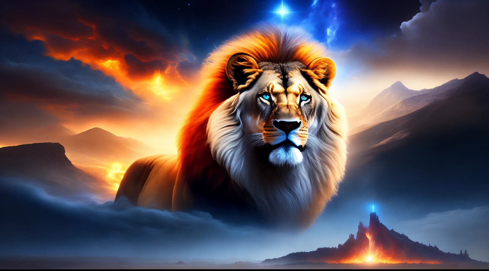 Realista, Realismo, Natureza, Natural, Cor Preta predominante, Lion with diamond crown and highlighted blue eyes roaring, labaredas de fogo ao lado, Menorah Watermark and Letters of the 12 Tribes of Israel, Perspectiva Apocaliptica, Armagedom, Anjos, People rising to the sky, Inferno na terra, Arrebatamento, New Jerusalem, Trombetas, Thunder from the sky, Noite, starly sky, Nuvens, Anjos, Fogo Celeste, Espada flamejante,