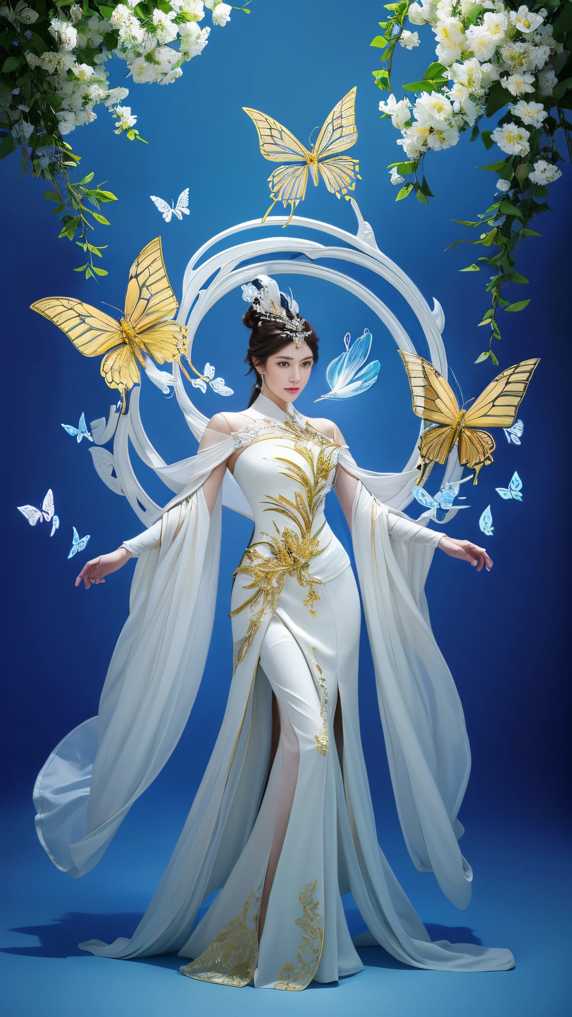 Full body lesbian,8k portrait of beautiful robot with brown hair, iintricate, Elegant, The content is very detailed, Majestic, digital photography, Art germ、Surrealist Painting Gold Butterfly Filigree by Nguyen Chia and Greg Rutkoski, brokenglass, (tmasterpiece, Side seams, Eyes are delicate and beautiful: 1.2), HighDynamicRange, (Detailed background window for the new dimension, plants and flowers:0.7) unlimited, Infinity symbol,