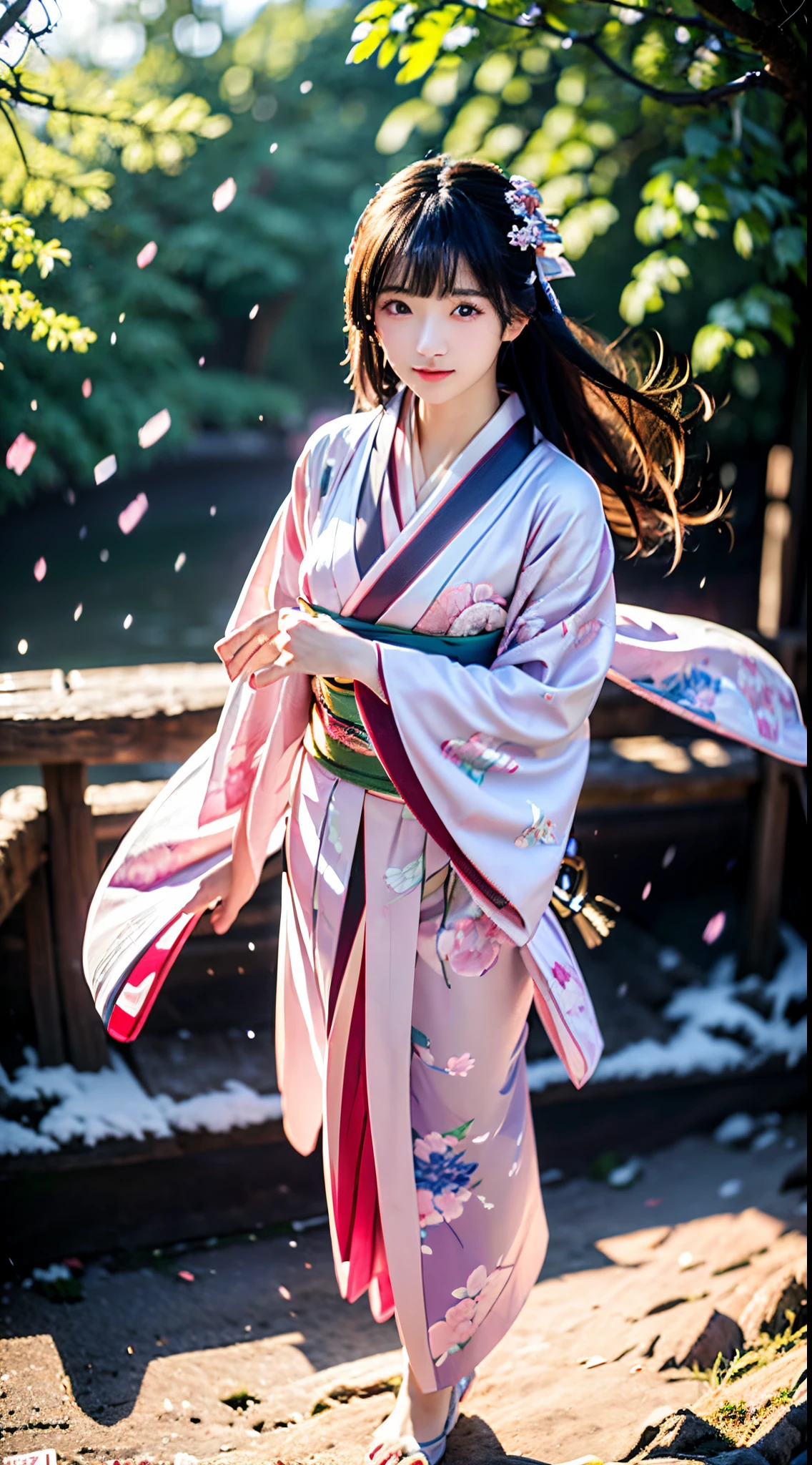 ((Kimono))、((Pink kimono))、(full body Esbian)、(top-quality,​masterpiece:1.4、超A high resolution)、(ultra-detailliert、Caustics)、(Photorealsitic:1.4、RAW shooting)、Ultra-realistic capture、A highly detailed、 Skin texture is natural、pink cherry blossom landscape、(voluminous hair)、25-years old、The skin looks healthy with an even tone、 Use natural light and color、One Woman、japanes、A dark-haired、Middle hair、(Hair swaying in the wind:1.1)、Light in the eyes、Looking at the camera、