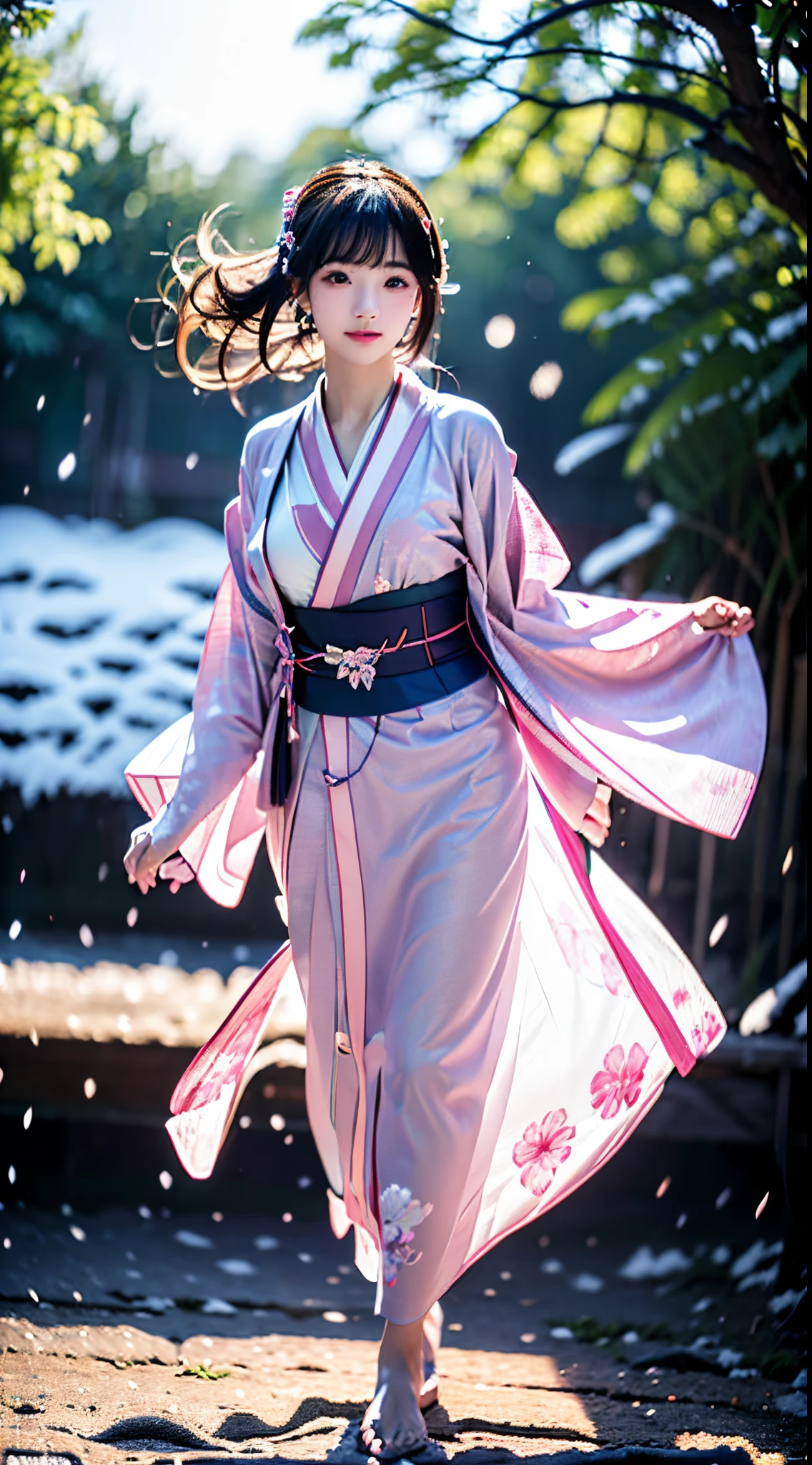 ((Kimono))、((Pink kimono))、(full body Esbian)、(top-quality,​masterpiece:1.4、超A high resolution)、(ultra-detailliert、Caustics)、(Photorealsitic:1.4、RAW shooting)、Ultra-realistic capture、A highly detailed、 Skin texture is natural、pink cherry blossom landscape、(voluminous hair)、25-years old、The skin looks healthy with an even tone、 Use natural light and color、One Woman、japanes、A dark-haired、Middle hair、(Hair swaying in the wind:1.1)、Light in the eyes、Looking at the camera、