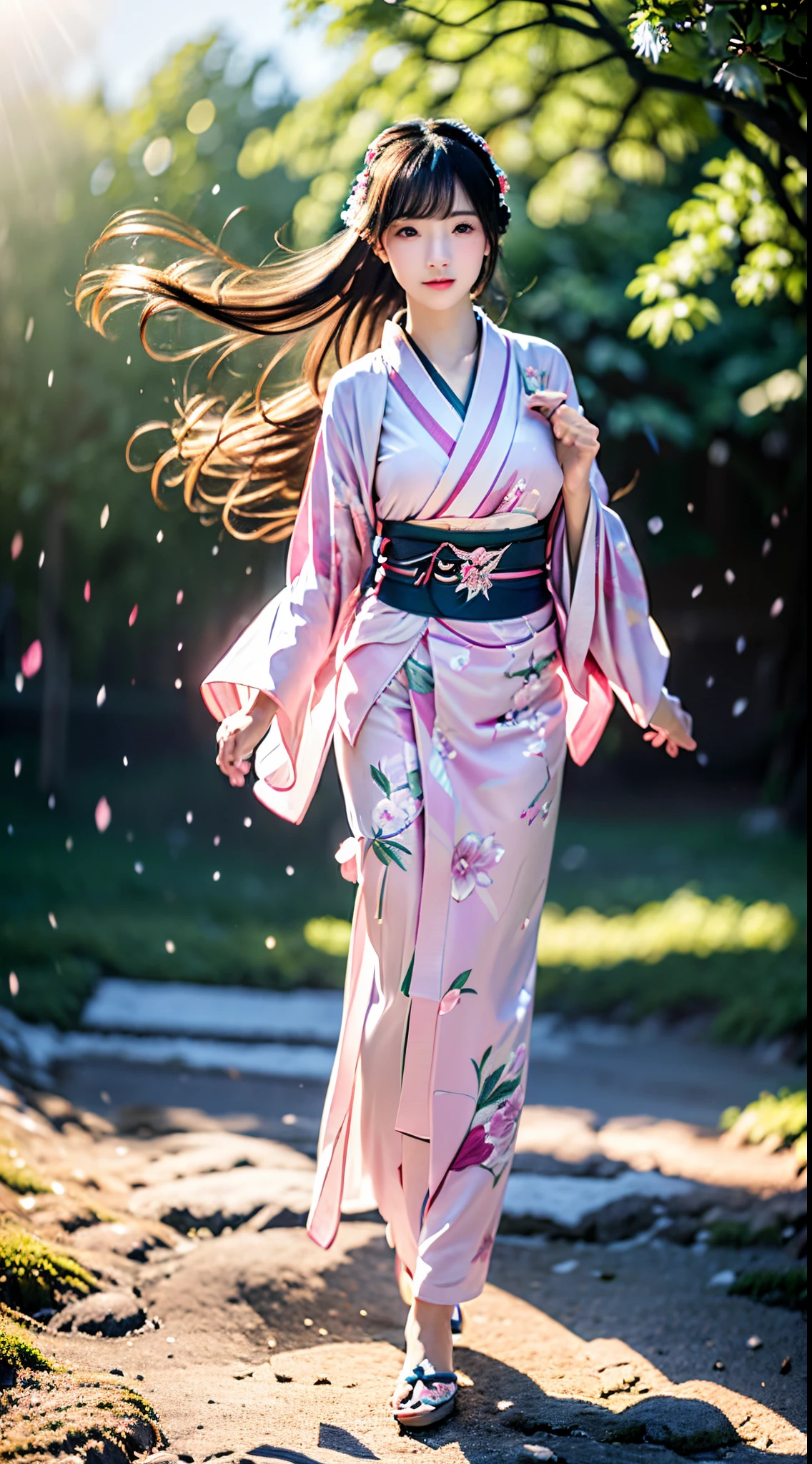 ((Kimono))、((Pink kimono))、(full body Esbian)、(top-quality,masterpiece:1.4、超A high resolution)、(ultra-detailliert、Caustics)、(Photorealsitic:1.4、RAW shooting)、Ultra-realistic capture、A highly detailed、 Skin texture is natural、pink cherry blossom landscape、(voluminous hair)、25-years old、The skin looks healthy with an even tone、 Use natural light and color、One Woman、japanes、A dark-haired、Middle hair、(Hair swaying in the wind:1.1)、Light in the eyes、Looking at the camera、