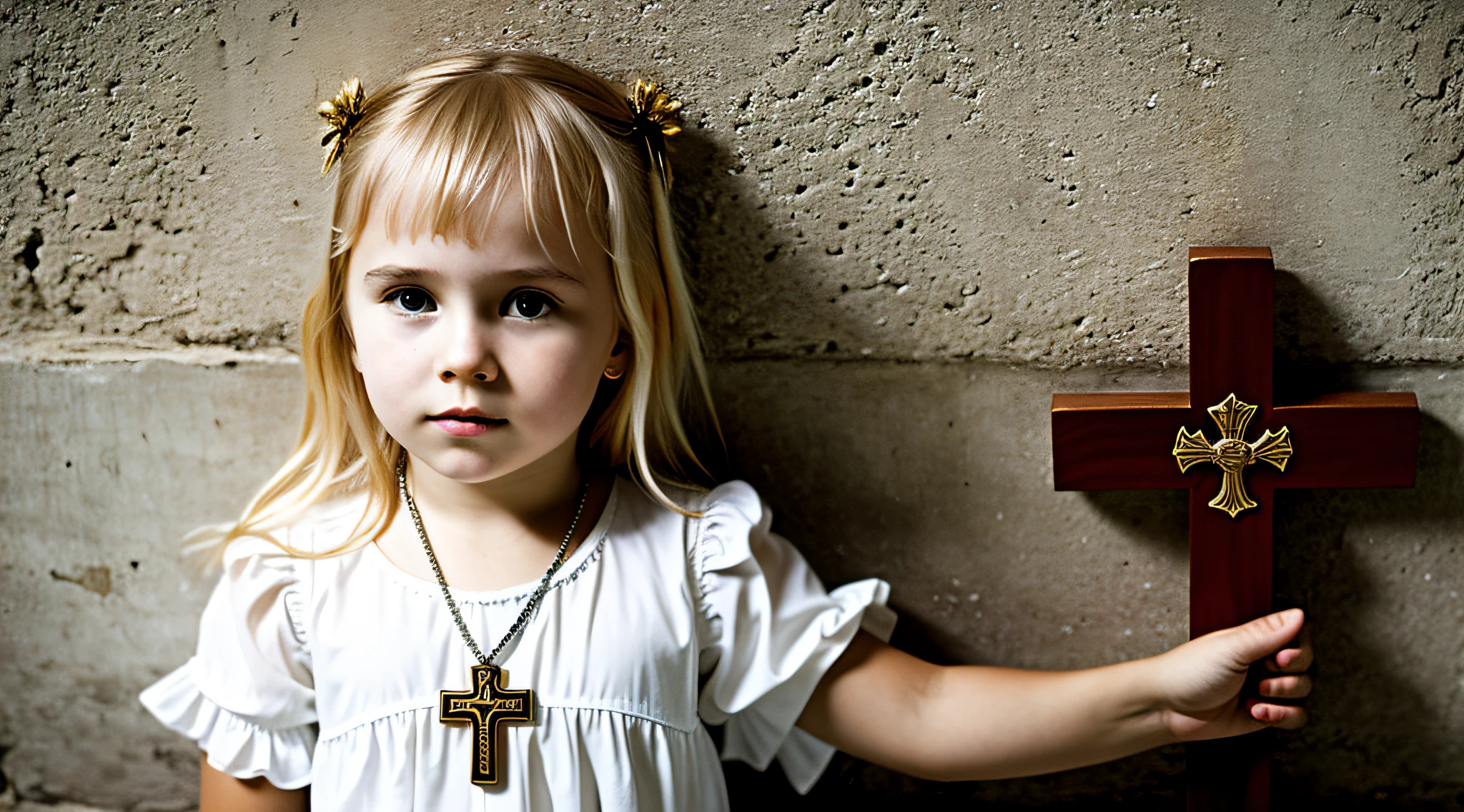 imagem de uma Russian blonde  girl , sentados em um trono, With a cross in his hand, CROSSES IN tHE WALL.