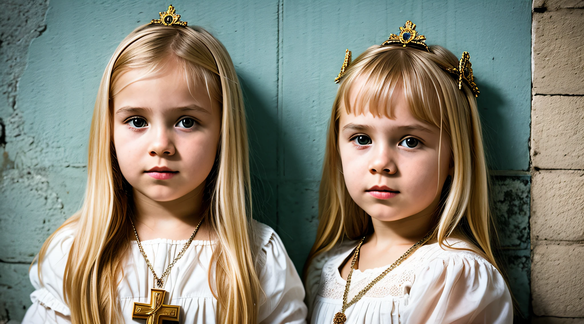 imagem de uma Russian blonde  girl , sentados em um trono, With a cross in his hand, CROSSES IN tHE WALL.