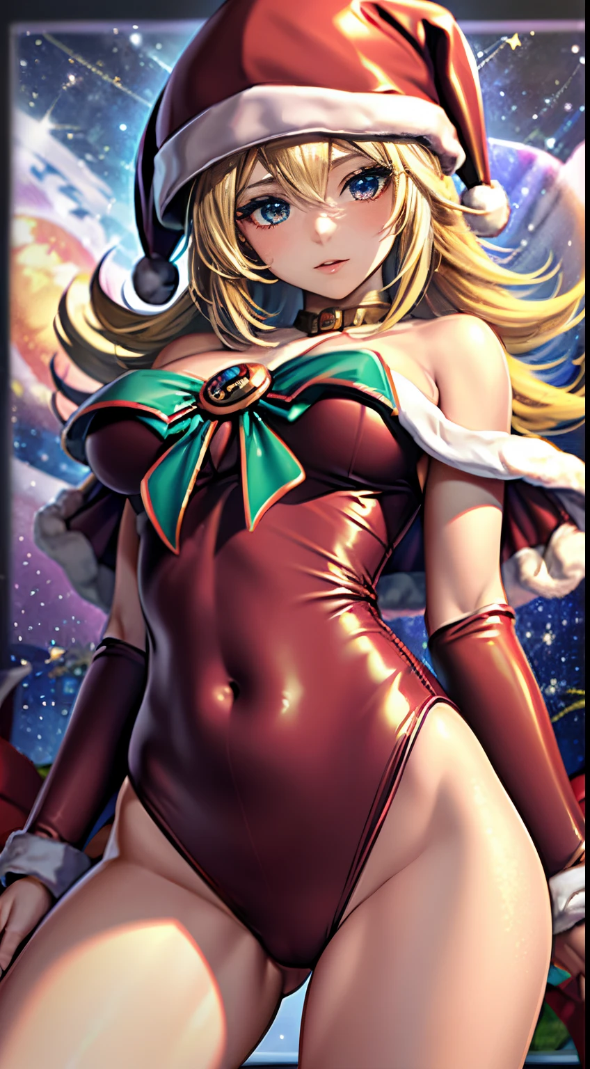 mejor calidad，tmasterpiece，ultimate resolution，Suave，extremadamente colorido，De color，dark magician gils，(Dressed in the translucent Santa Claus suit:1.4)，Medias de tirantes negras，Starrysky Android!,More detailed 8K.motor irreal:1.4,UHD,La mejor calidad:1.4, fotorrealista:1.4, textura de la piel:1.4, obra maestra:1.8,obra-prima, mejor calidad,objeto Objeto], (detailed face features:1.3),(cabello rubio largo:1.4),（Beautiful and detailed eye description）,(manos:1.4), ojos azules. Labios rojos. Cabello rubio. Fondo de nieves. Pose  sensual. Toma cuerpo completo. Fondo de Navidad