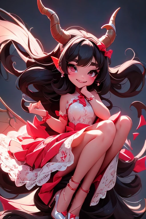 a (horned demon girl) smiling, wearing a lace cloth dress, black hair, red smokey eyes makeup, (hair bow), stockings, pumps, dramatic magic floating pose, (full body), sfw