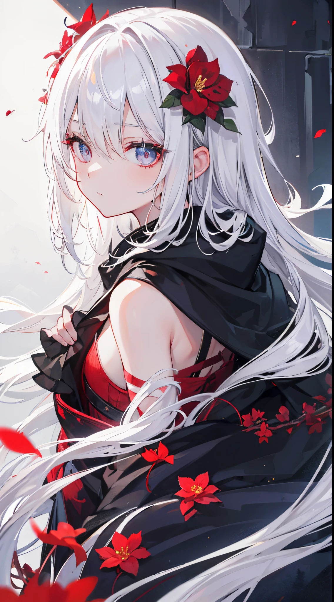 1girl in,Solo,1girl in,Solo,((Beautiful detailed eyes)), (Detailed light),depth of fields,(White hair),Silver eyes,Hair over one eye,(Red flower ), Hair Flower,Long hair,Black cloak,Wet,deadpan,Looking back,Night,starfall,Sateen,Fog,Red flowers fall,sketch,Upper body,intense shadow,(8K),