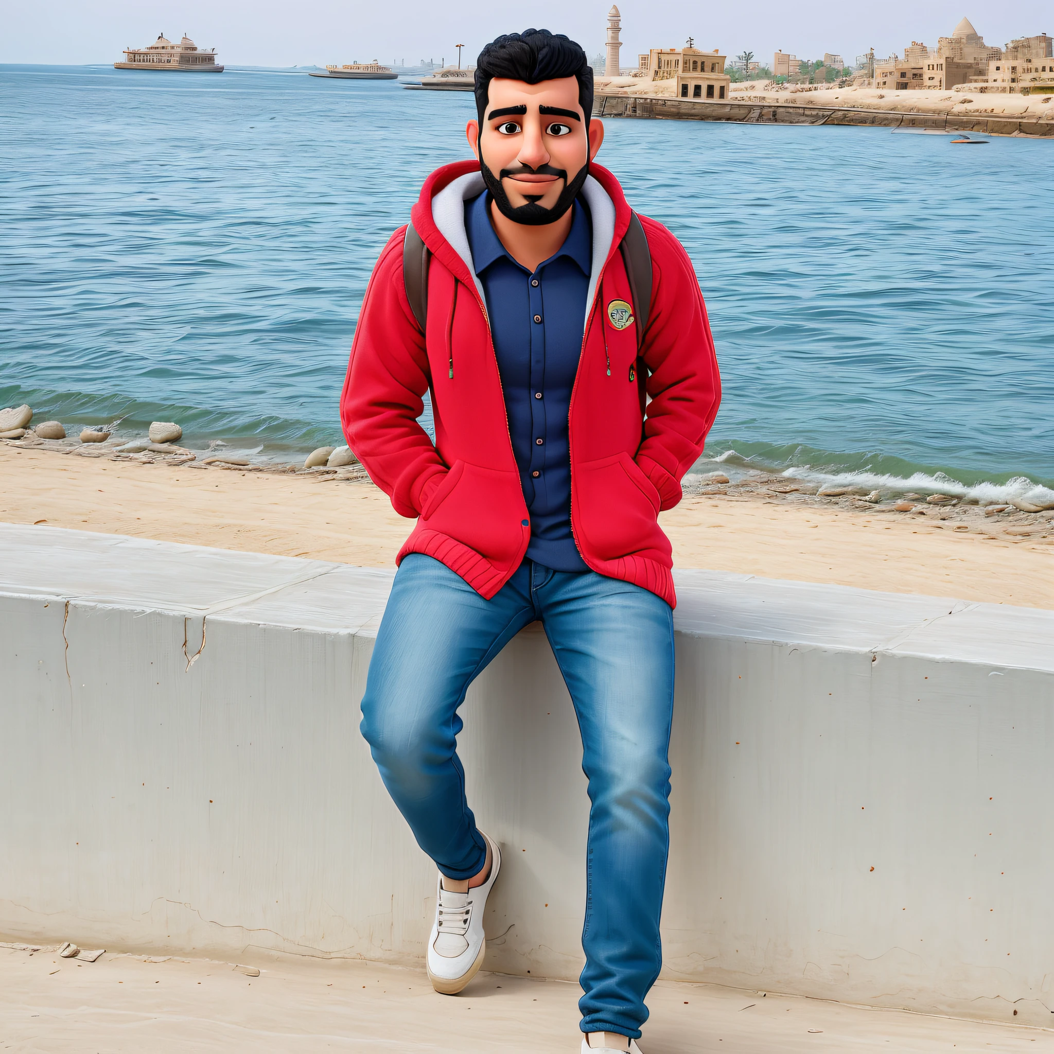 arafed man sitting on a wall by the water, in egypt, mohamed chahin, amr elshamy, emad mostaque, sayem reza, ahmad merheb, riyahd cassiem, inspired by Ahmed Yacoubi, kyza saleem, ismail, from egypt, enes dirig, khyzyl saleem