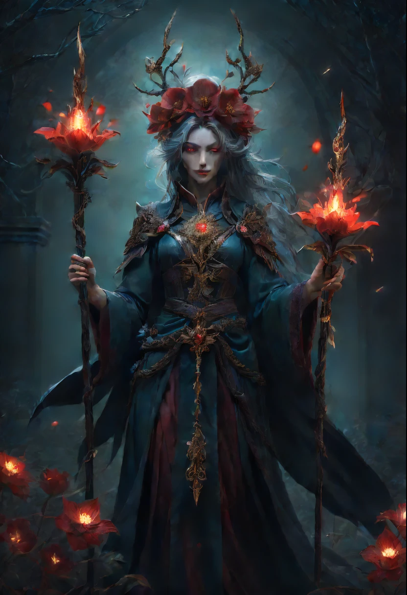 (Lycorisradiata close-up:1.5)，Charming flower of the other side，Mysterious Manzhu Shahua，A bloody ghost flower blooming at the gate of hell，Leading the soul to the afterlife，Evil charm，Flirtatious，uncanny，Magic Sword，Legendary magic sword，Glory Magic Sword，Alloy iron flower，Alloy vines surround the magic sword,There are iron flowers on the sword，heavy metal style，metal art，flower made of iron，iron leaf，Full metallic luster，Metal texture in the post-industrial era，Crafts made from twisted alloy wire，gold flowers，Iron flower，Silver flower，metal tree branch，a crystal pendant，Emerald inlay，well-built，Perfect craftsmanship，Magic lightning background，blue lightning，There are fairies，dark fantasy style art, dark flower shaman, dark fantasy concept art, bloodborne concept art, dark concept art, Feiyu looking for flowers, Diablo digital concept art, dark fantasy art style, Dark flowers, 🌺 CG Society, bloodborne art, photorealistic dark concept art, Concept film, Ruben Tan，A painting of a red-robed woman standing in front of a demon, goddess of death, author：Hero, beautiful male god of death, beautiful elegant demon queen, dark fantasy style art, portrait of death, onmyoji detailed art, Persephone as the goddess of death, beautiful necromancer, Ominous fantasy illustration