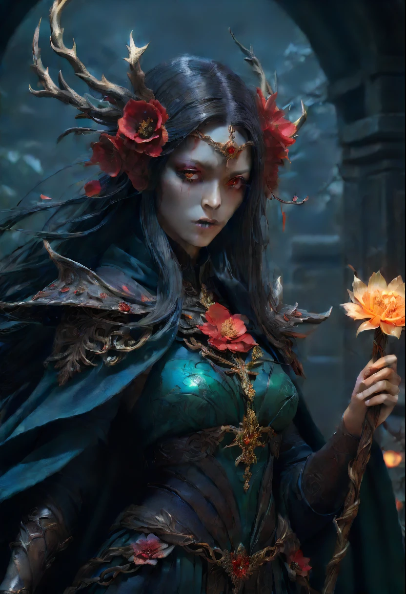 (Lycorisradiata close-up:1.5)，Charming flower of the other side，Mysterious Manzhu Shahua，A bloody ghost flower blooming at the gate of hell，Leading the soul to the afterlife，Evil charm，Flirtatious，uncanny，Magic Sword，Legendary magic sword，Glory Magic Sword，Alloy iron flower，Alloy vines surround the magic sword,There are iron flowers on the sword，heavy metal style，metal art，flower made of iron，iron leaf，Full metallic luster，Metal texture in the post-industrial era，Crafts made from twisted alloy wire，gold flowers，Iron flower，Silver flower，metal tree branch，a crystal pendant，Emerald inlay，well-built，Perfect craftsmanship，Magic lightning background，blue lightning，There are fairies，dark fantasy style art, dark flower shaman, dark fantasy concept art, bloodborne concept art, dark concept art, Feiyu looking for flowers, Diablo digital concept art, dark fantasy art style, Dark flowers, 🌺 CG Society, bloodborne art, photorealistic dark concept art, Concept film, Ruben Tan，A painting of a red-robed woman standing in front of a demon, goddess of death, author：Hero, beautiful male god of death, beautiful elegant demon queen, dark fantasy style art, portrait of death, onmyoji detailed art, Persephone as the goddess of death, beautiful necromancer, Ominous fantasy illustration