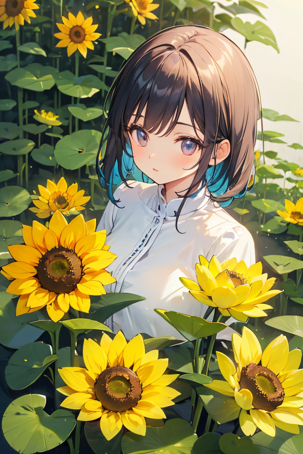 (best quality, high-res, masterpiece:1.2), vibrant, detailed lips, detailed eyes, realistic lighting, lesbian, lively, no background, solitary figure, plant-based female, sunflowers, dandelions, tulips, purple, lotus leaves