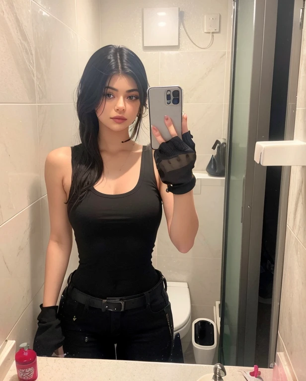 there is a woman taking a selfie in a bathroom mirror, 18 anos, 21 anos, Kylie Jenner como Mulher-Gato, 2 2 anos, roupa apertada, she is wearing a black tank top, Kylie Jenner, 2 3 anos, menina bonito vestindo o terno do tanque, Violeta Myers, 1 6 anos, Meio rosa, 2 4 anos