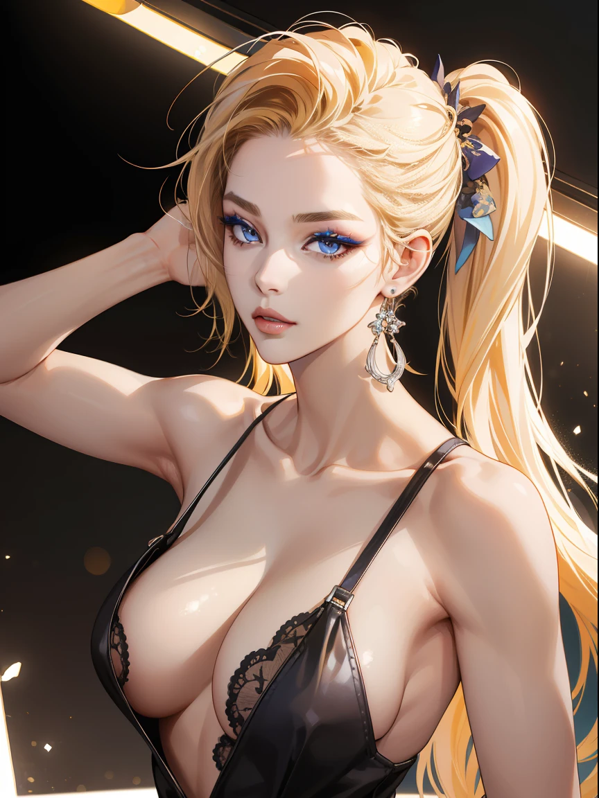(Best quality at best,4K,8K,A high resolution,tmasterpiece:1.2),ultra - detailed,(actual,realisticlying,Photorealistic:1.37),美丽细致的眼睛,beautiful detailed lips,Extremely detailed eyes and face,Long eyelashes,1 girl,Models,Ferocious,Provocative,Supermodel,The blonde,Model with confident eyes,striking blue eyes,gorgeous hairstyle,Breathtakingly beautiful,Flawless skin,fashionable attire,Fashionable makeup,great gesture,pose with attitude,photo shoot set,Audience marveled,Models in the spotlight,动态照明,High fashion atmosphere,in fashion style,Beautiful movements,Fashion show,mesmerizing backdrop,Stunning elegance,extremely confident expression,mesmerizing charm,a sharp gaze,Captured in stunning poses,Female model wearing fashionable clothes,Known for its unique style,Inspiration for aspiring models,An elegant and bold presence,A living legend in the modeling world,Worldwide reputation,model known for her fierce and provocative personality