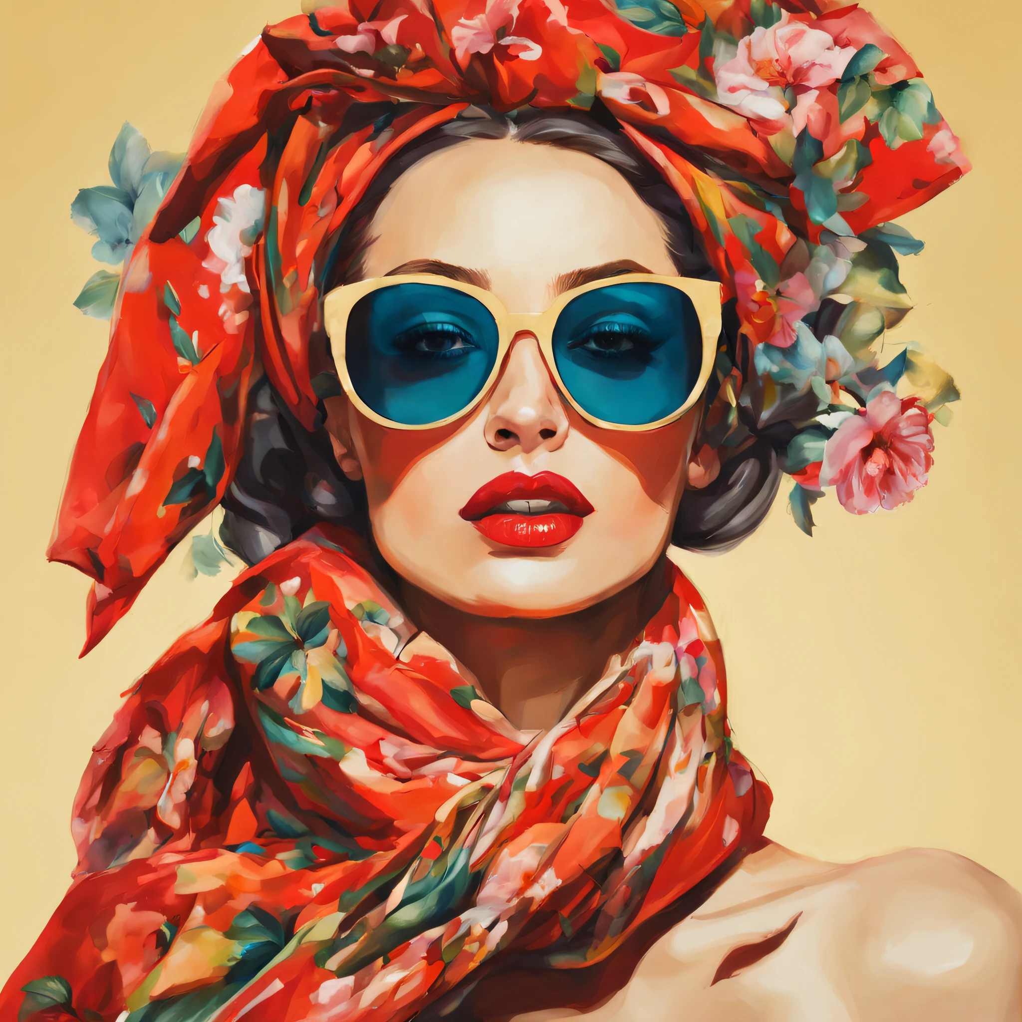a beautiful model woman with sunglasses, with red lipstick, with a flowery scarf on her head, with pop culture style, technician style by Acrylic paint, midjourney, 8k.
