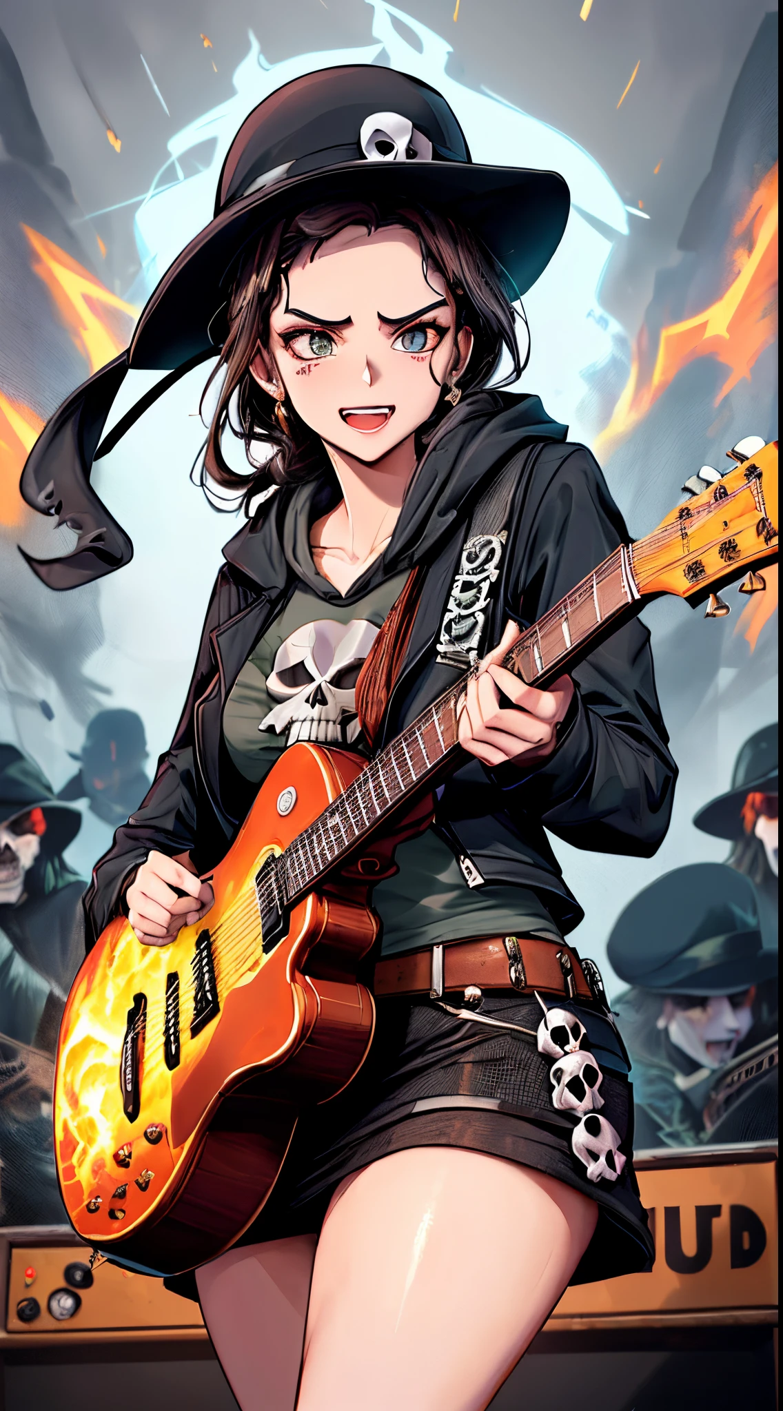 (best quality, caveira: 1.2), (ultra-detalhado,textura:1.37), skull detailed with lightning and engulfed in flames, chuva com pedras de gelo ao fundo, acoustic guitar, estrelas, skull