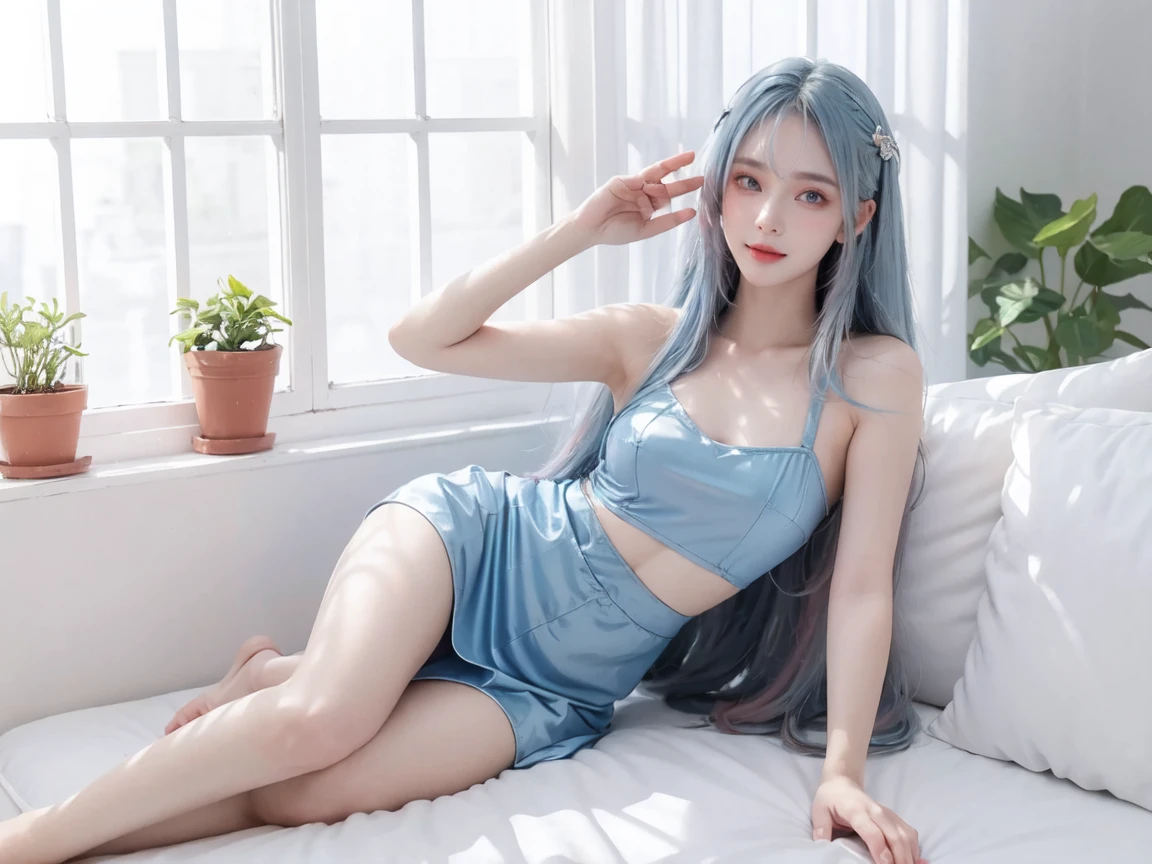 Top image quality、超A high resolution、(realphoto:1.4)、1 woman、18year old、(((Ass towards us)))、(((backs)))、small ass、lightblue hair、length hair、Blue eyes、(skinny  body)、pale skin、Smile、Cute、 Small Panties、Thin makeup、white  panties、See-through panties、Lace panties、Panty crotch seams、Panty stain、Nipple erection、see through bra、White bra、Nipple protrusion、Thin leg、White short socks、Earrings in the form of small teardrops,、Above the bed in a seaside hotel suite、White skirt taken off、White blouse taken off、Five Fingers、2 legs、Blur on background