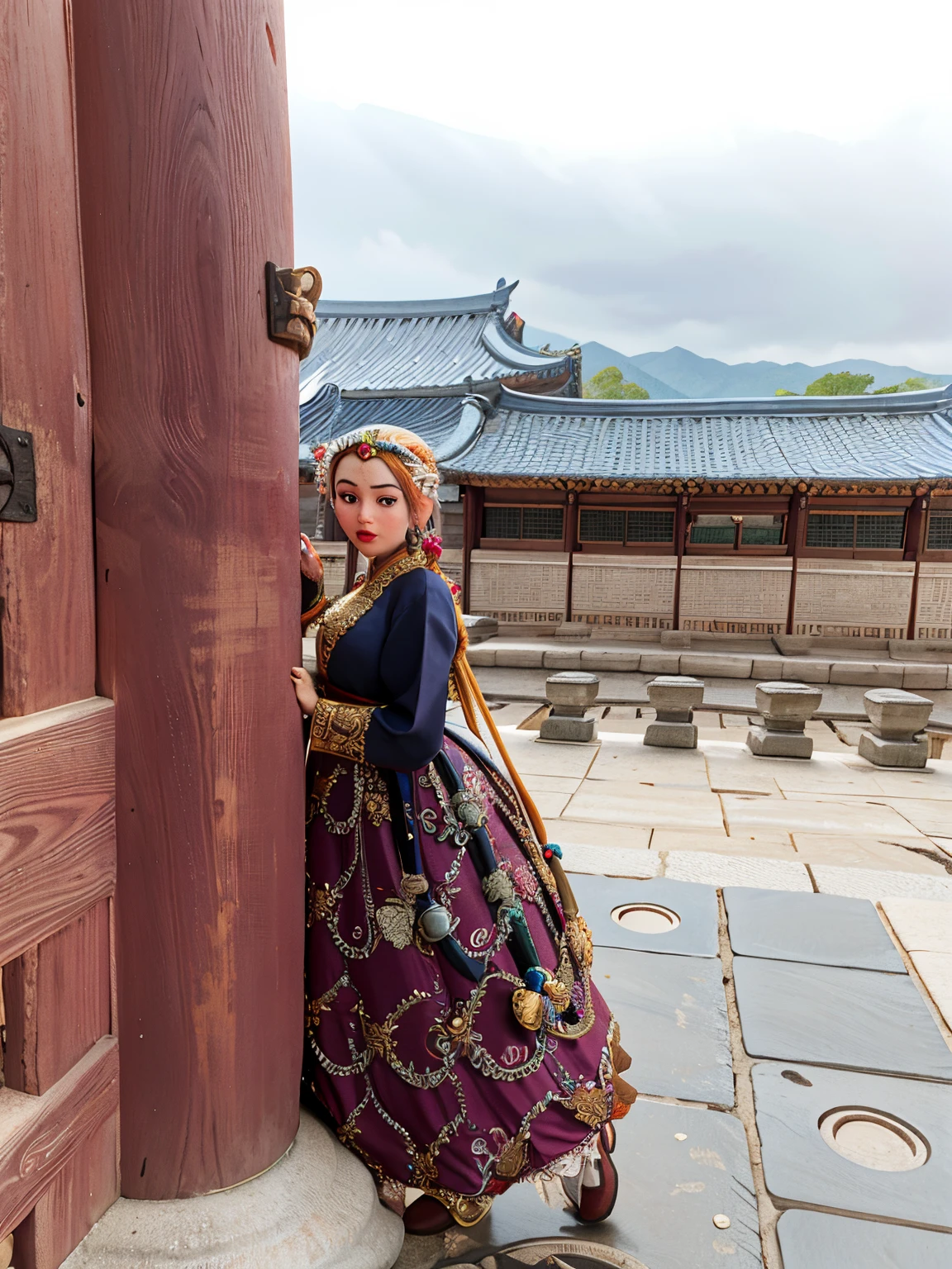 arafed woman in a traditional dress leaning against a pillar, wearing a noblewoman's outfit, ornate korean polearm behind her, palace a girl in hanfu, hanbok, korean hanbok, inspired by Jeong Seon, wearing an ornate outfit, traditional dress, standing near a castle, traditional clothes, traditional costume, 8k)), traditional beauty