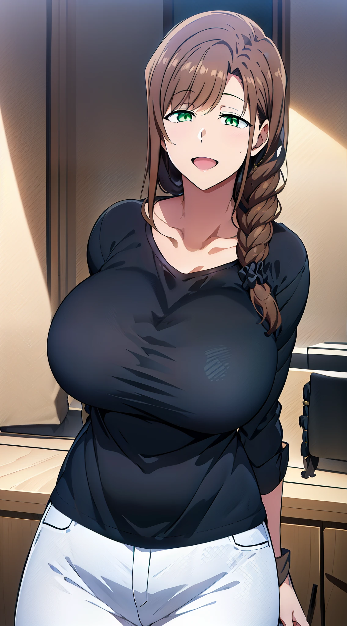 1girl, solo, long hair, looking at viewer, smile, open mouth, large breasts, brown hair, shirt, long sleeve, loose shirt, hair ornament, green eyes, collarbone, braid,white pants, (((black shirt))), single braid, scrunchie, hair over shoulder, hair scrunchie, mature female, wide hips