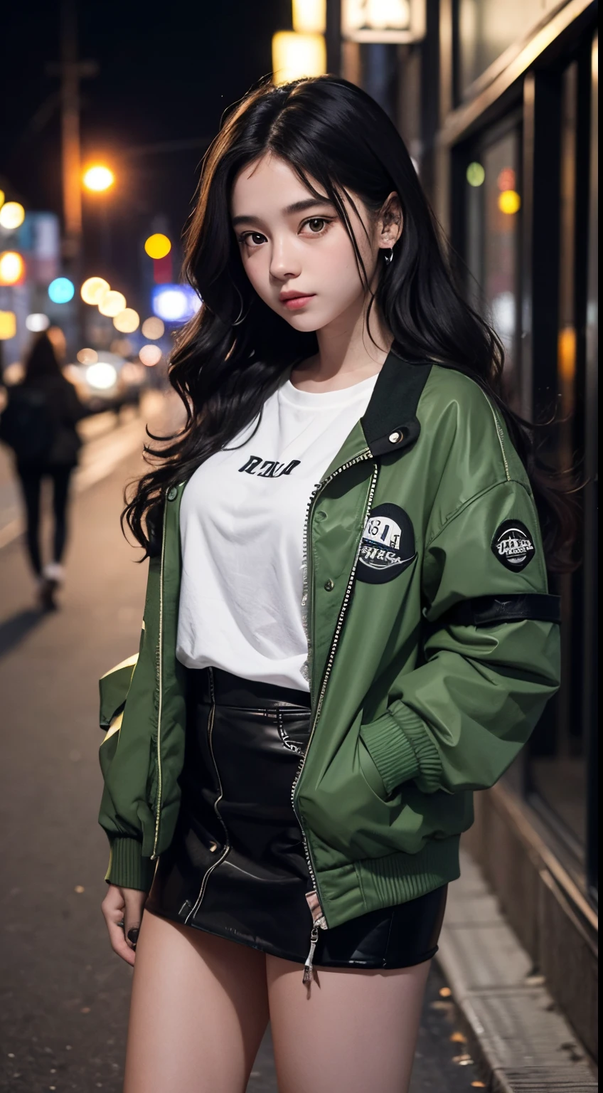 18 year old girl, she wears a green jacket, she wears a black mini skirt, she wears white sneakers, she has long black wavy hair, she is very cute, she is in the city on night, bustling city atmosphere, very realistic, very detailed