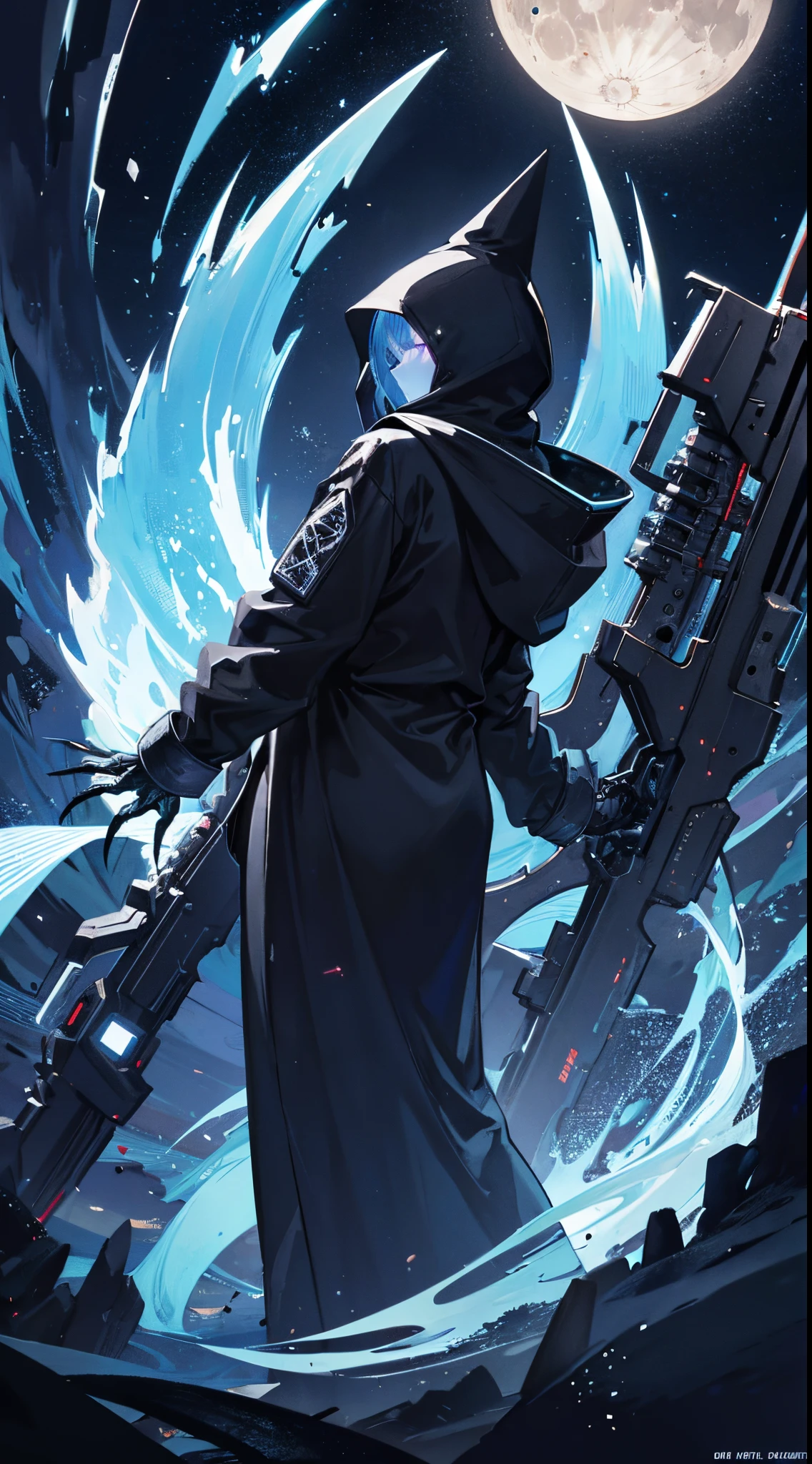 Surreal landscape with moon glow, Features a hooded silhouette with faceless function. The silhouette is、Highlighted with glowing glyphs and symbols, It is accentuated by the character's large hood and long claws,