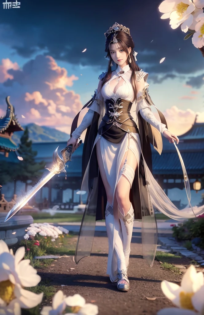 （Huang Li，A high resolution，ultra - detailed），tmasterpiece，Best quality，A girl holding a sword，独奏，Big breasts are beautiful，Short hair details，dark brown  hair，Ear piercing，with brown eye，Delicate eyes and delicate face，（（Chinese style clothes）），scythe design，Complex sword，like a dream，evilsmile，Dramatic skies，Isolated land，looking-down，spark of light，swirles，a heavenly being，Full of elements