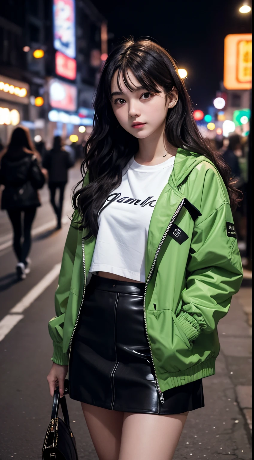 18 year old girl, she wears a green jacket, she wears a black mini skirt, she wears white sneakers, she has long black wavy hair, she is very cute, she is in the city on night, bustling city atmosphere, very realistic, very detailed