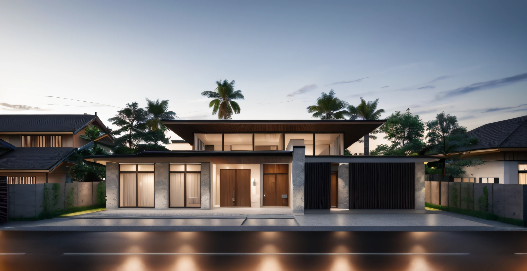 1 morden house, cofe space:1.4, main material by white wall and wood, large yard, 1 road runs in front of the house, (RAW photo, real, best quality, masterpiece:1.2), look morden minimalist, 1 road in front of the house, shime ring light, light brighteness from indoor:1.2, dynamic lighting:1.3, (hyper realistic, photo-realistic:1.2), high quality, (dark lighting:1.2), perfect lighting, archdaily